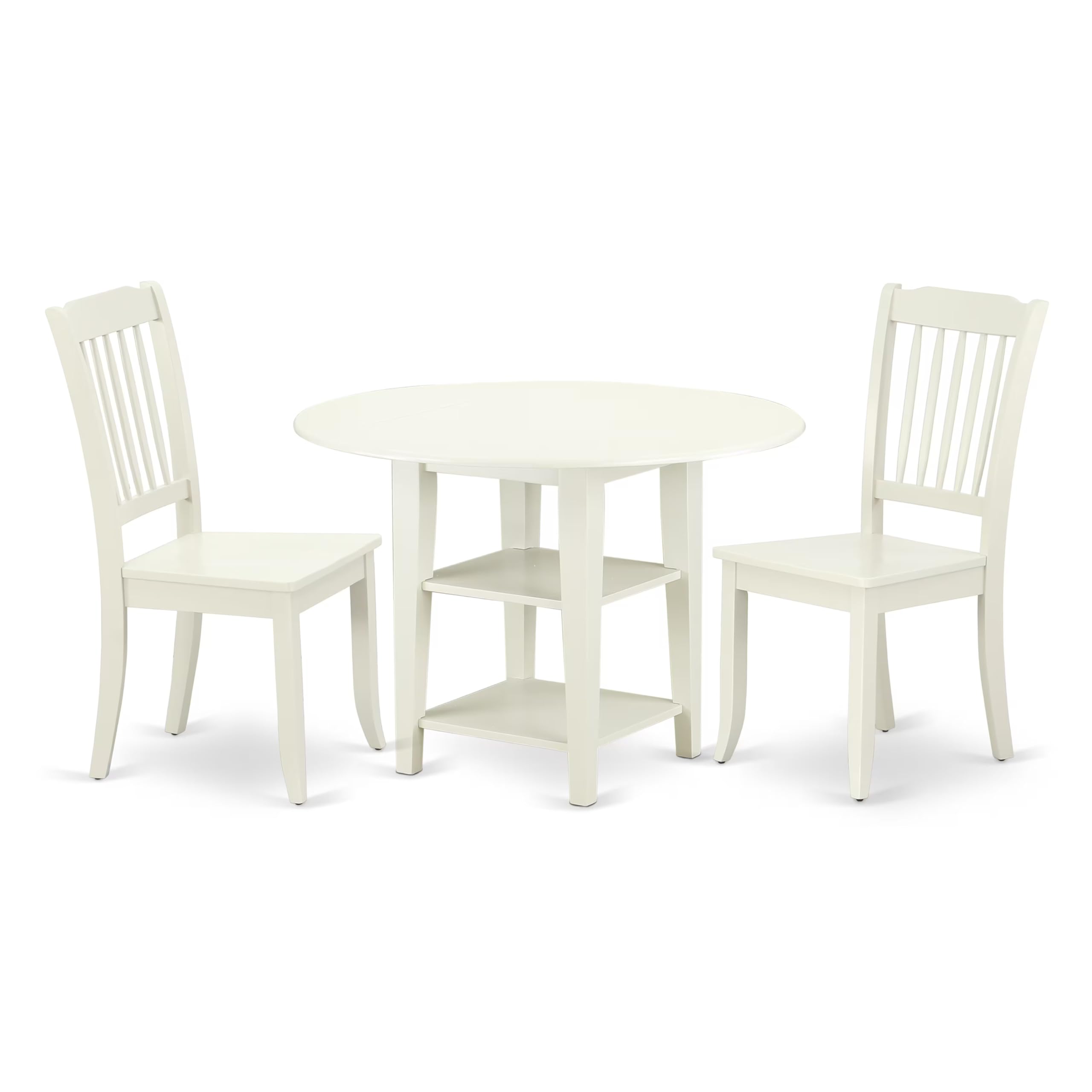 East West Furniture SUDA3-LWH-W 3-Piece Round Dining Table Set with Drop Leaf & Storage Shelves, 2 Wooden Chairs, 42x42 Inch, Linen White - Perfect for Small Spaces, Breakfast Nooks & Cozy Apartments