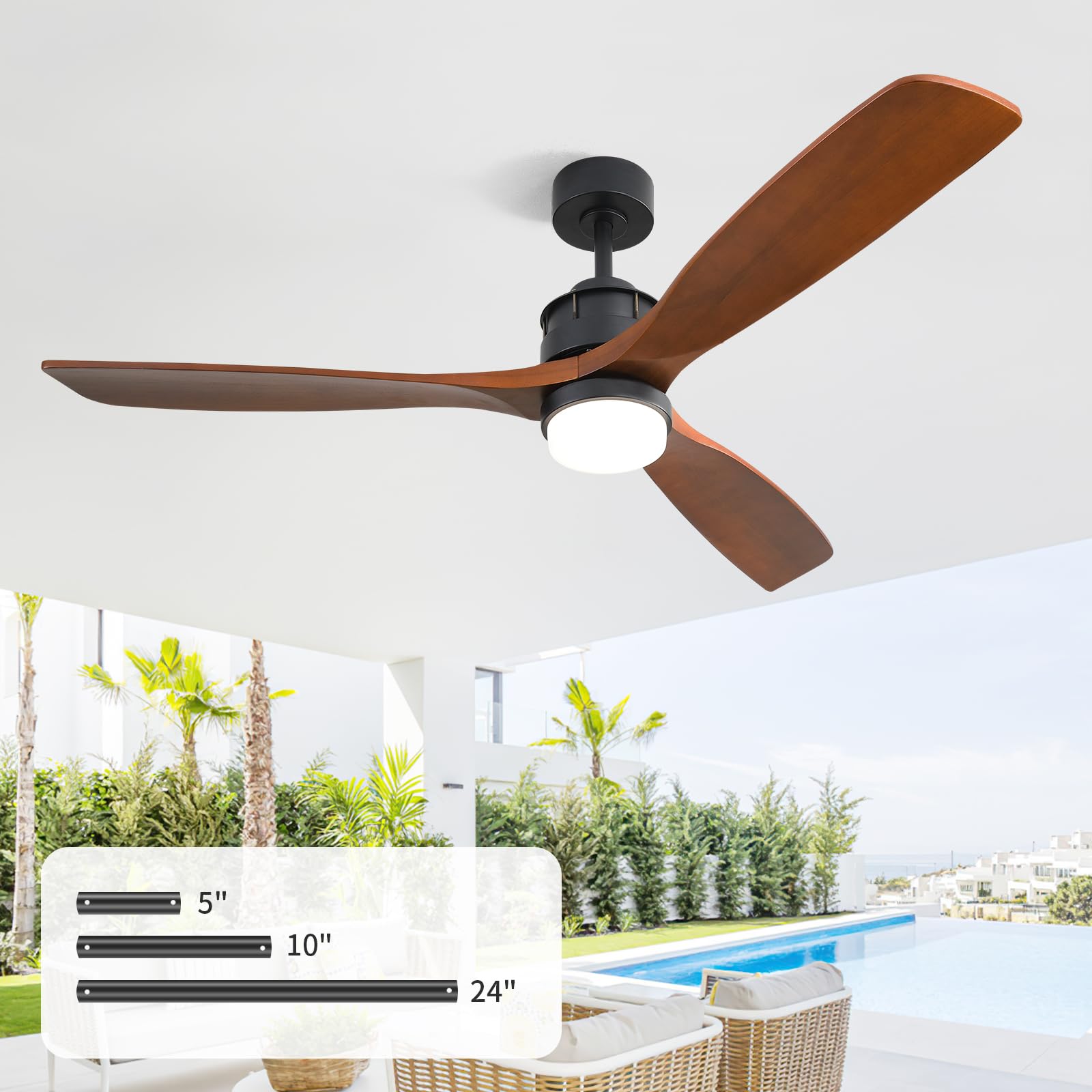 60 Inch Walnut Wood Ceiling Fan with Light and Remote Control - Large Outdoor Ceiling Fan for Covered Patios, Porch, Garage, Farmhouse - Perfect for Cooling and Decorating Your Outdoor Living Spaces