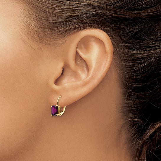 14K Yellow Gold 7x5mm Emerald Cut Amethyst Leverback Earrings – Elegant Dangling Jewelry for Women, Perfect for Weddings, Parties & Special Occasions
