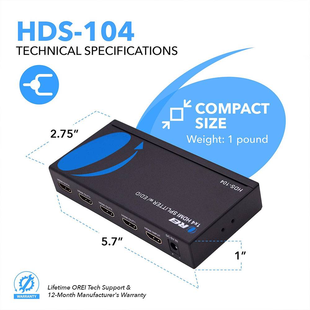 1x4 HDMI Splitter with Power Adapter - 1 Input 4 Output, EDID Support (HDS 104) for Home Theater, Gaming & Multi-Screen Presentations