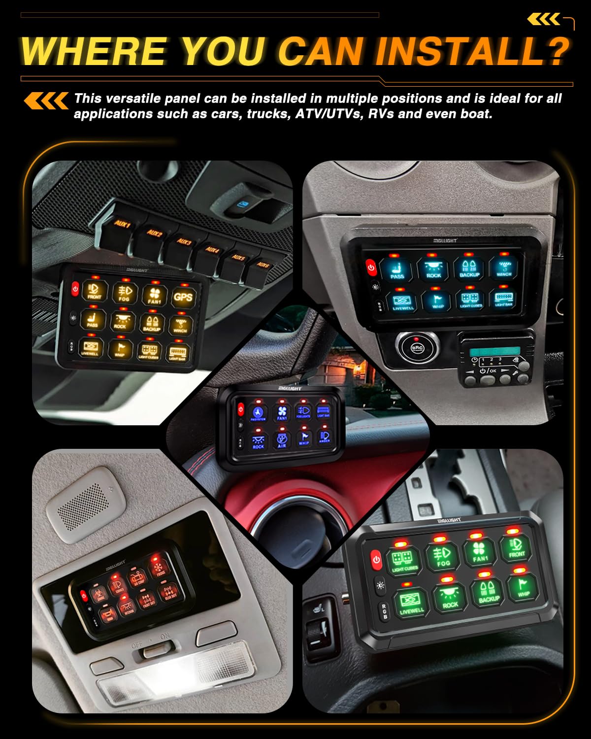 12 Gang RGB Bluetooth Switch Panel with Strobe & Momentary Toggle - Universal Control Box for Offroad, Boat, SUV, Camper Van, RV, ATV & Construction Vehicles | Perfect for Lighting, Audio & Accessory Control
