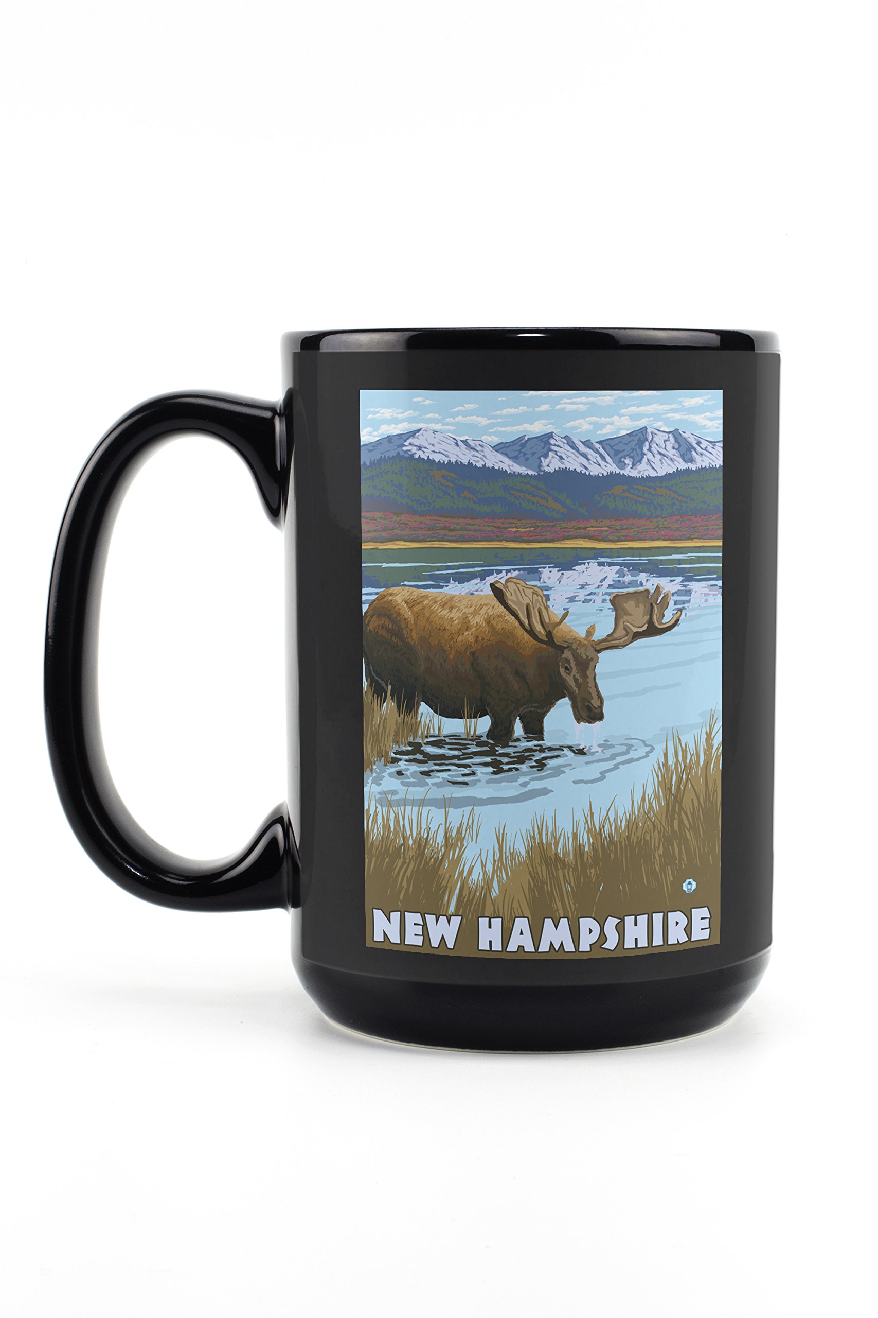 Lantern Press New Hampshire Moose Drinking in Lake - 15oz Black Ceramic Coffee & Tea Mug, Dishwasher & Microwave Safe - Perfect for Camping, Office & Home Use