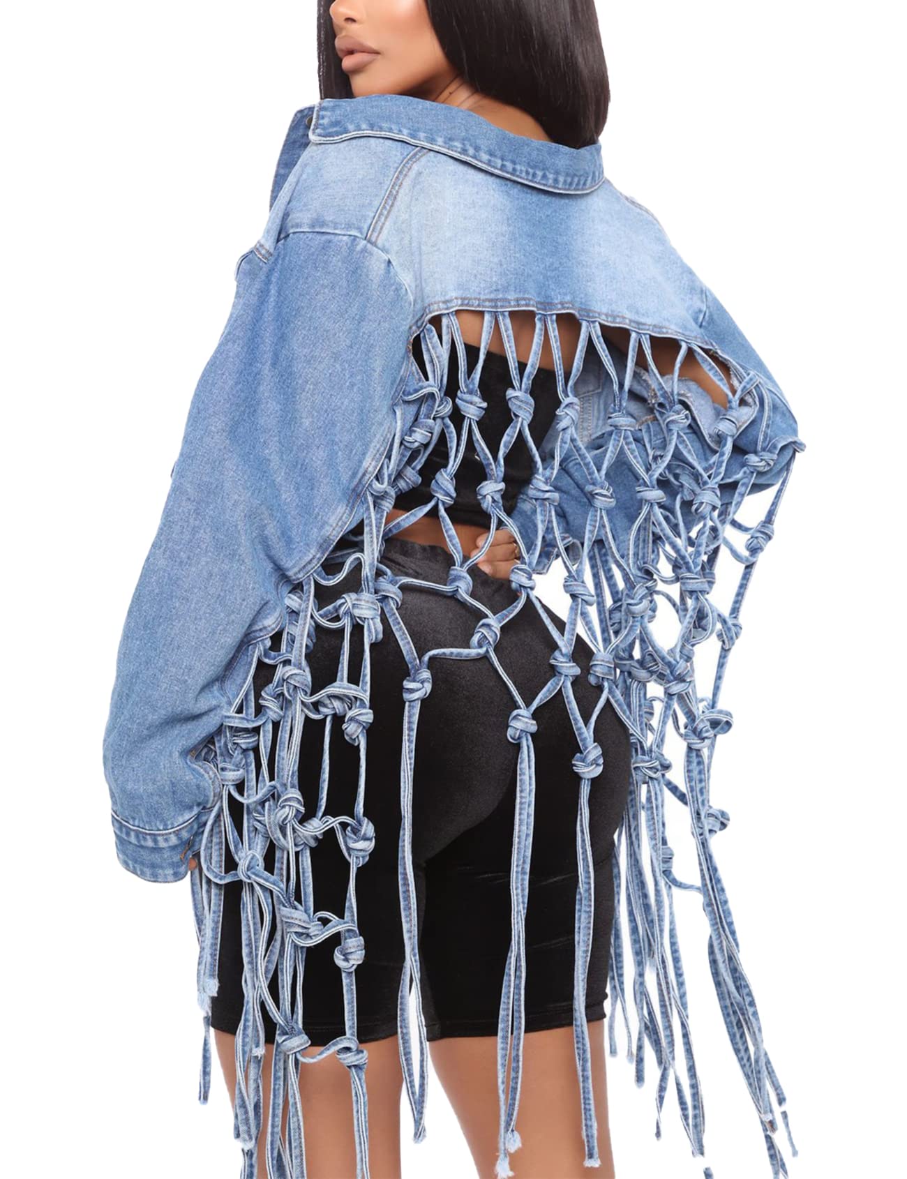 Kissonic Women's Cropped Denim Jacket - Oversized Tassel Jean Coat for Women | Casual Spring Outerwear & Streetwear Fashion