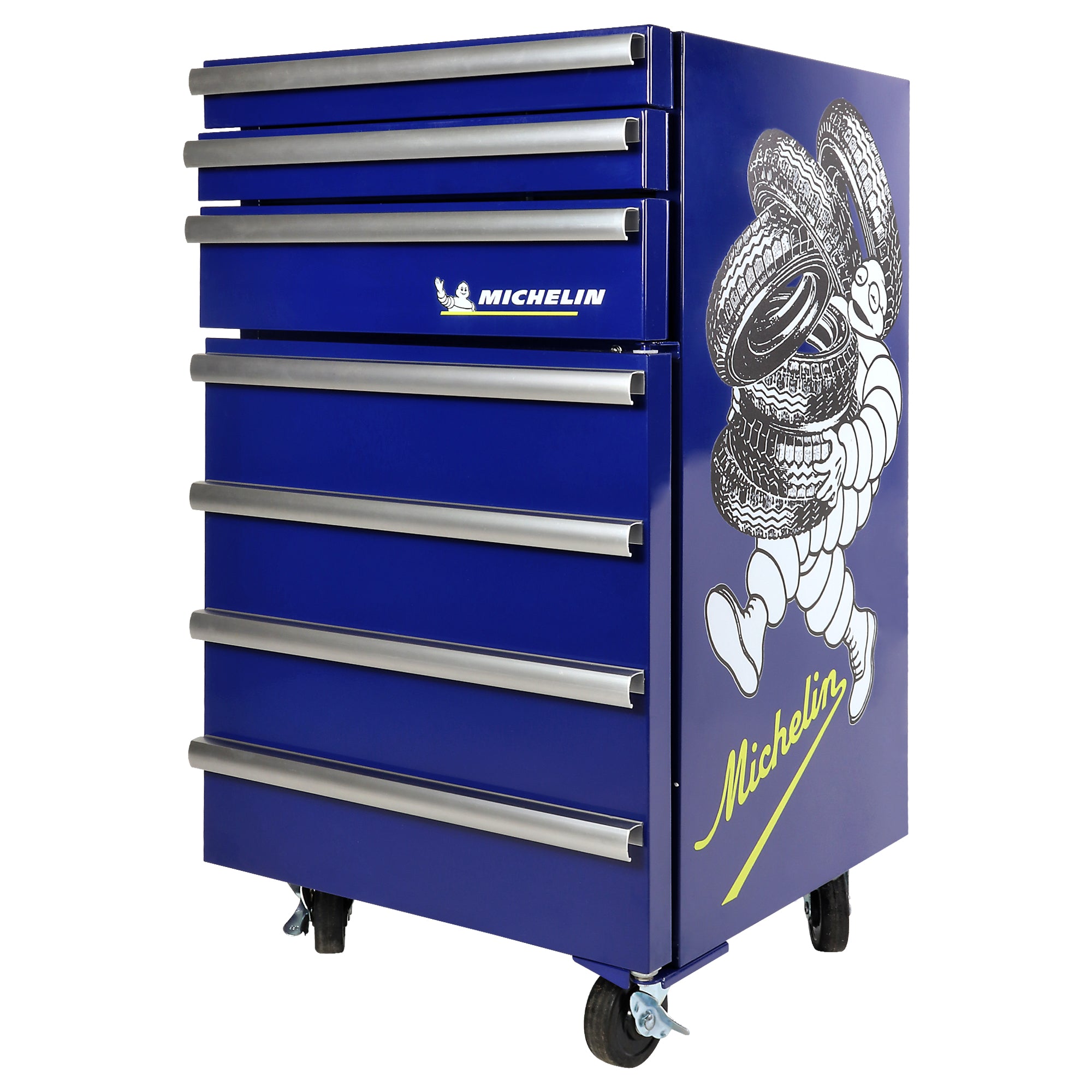 Michelin 1.8 cu ft (50L) Rolling Compact Refrigerator with Built-In Tool Storage Drawers - Heavy Duty Locking Swivel Wheels, Licensed Graphics - Perfect for Garages, Workshops & Man Caves - Blue