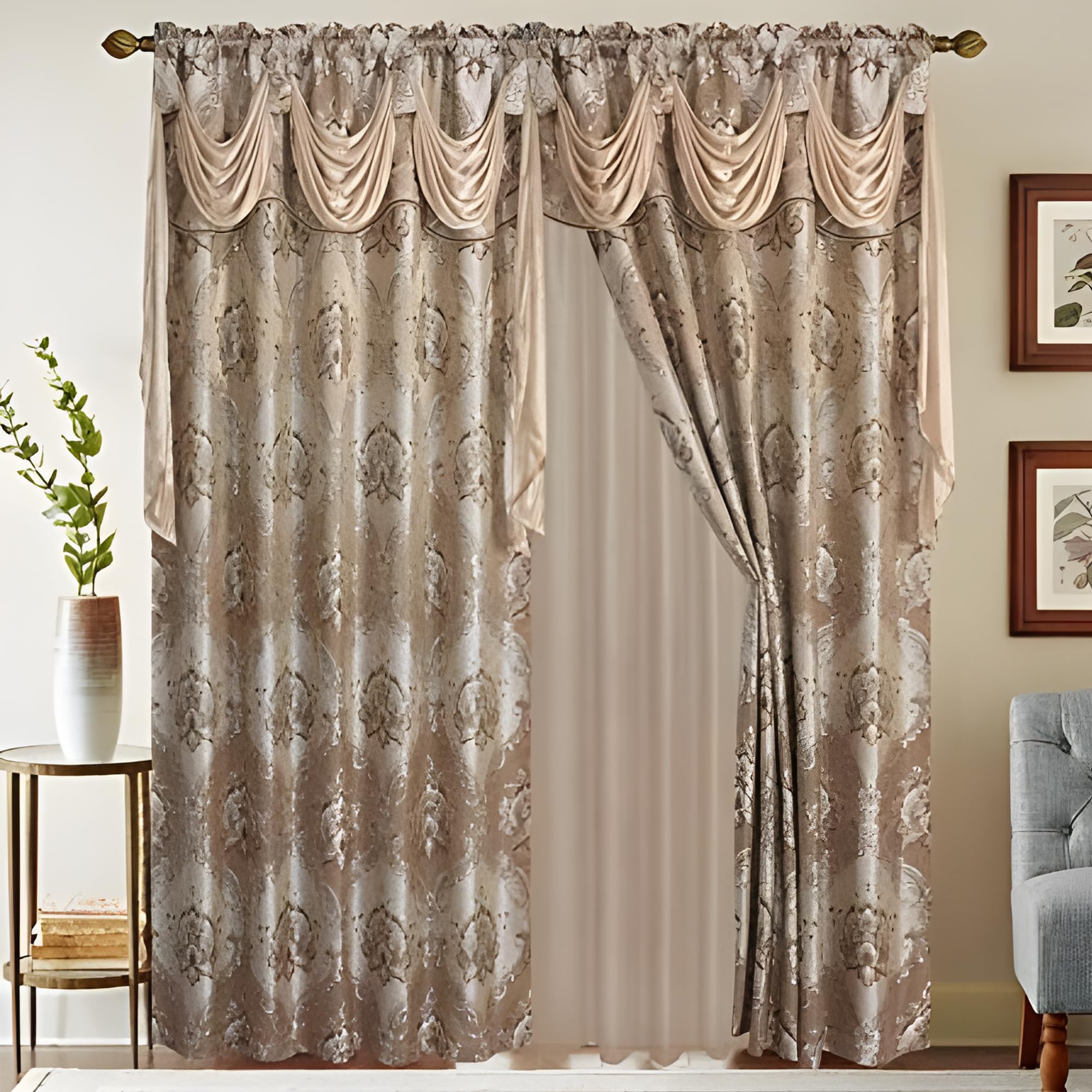 Premium Jacquard Window Curtains with Valance Scarf & Sheer Backing - Elegant Floral Drapes with Tassels for Living Room & Dining Room (Camel, 95 Inches) - Perfect for Home Decor, Sun Protection & Privacy