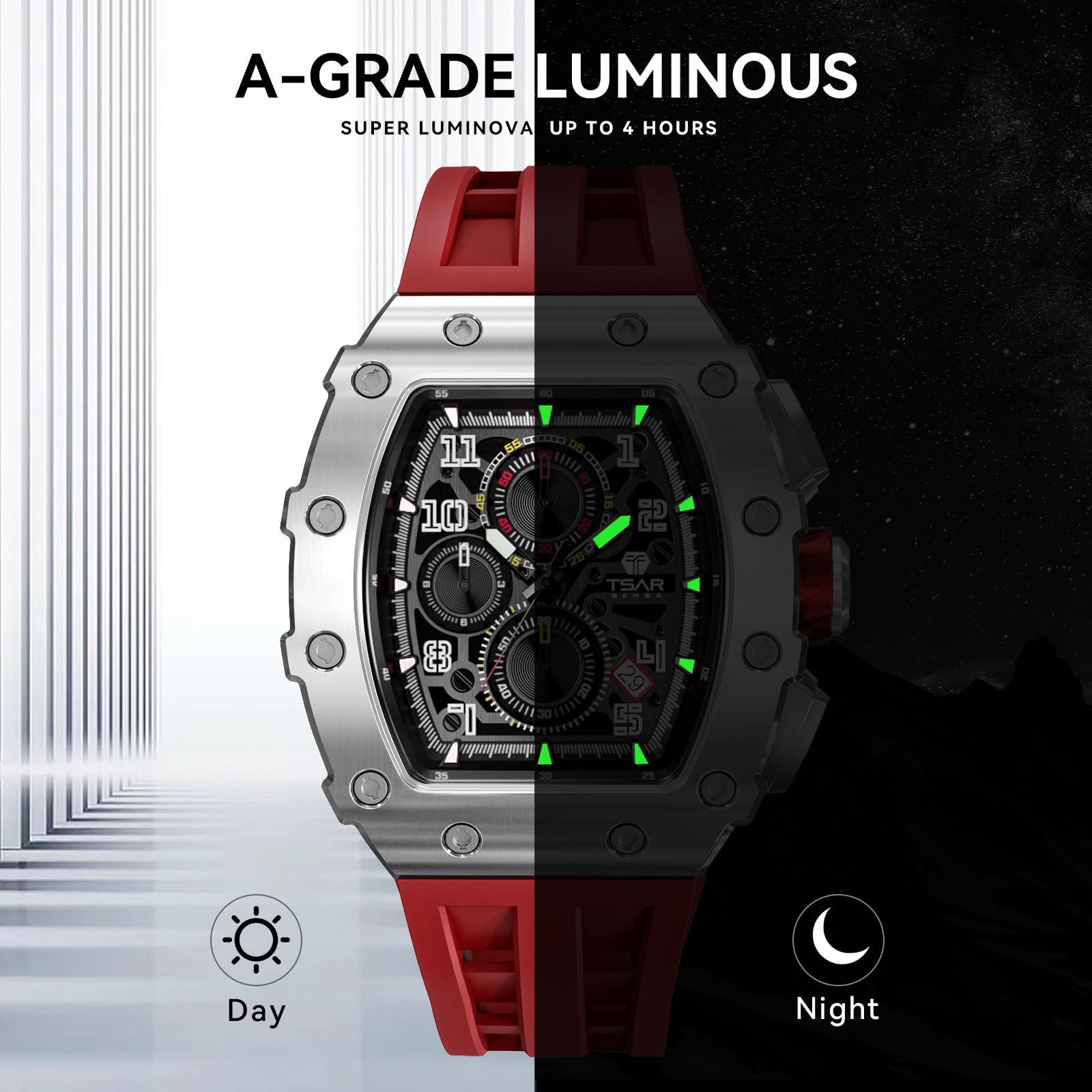 Luxury Men's Watch - 50M Waterproof Tonneau Chronograph with Japanese Quartz Movement & Silicone Band - Perfect for Business, Casual Wear & Gifts