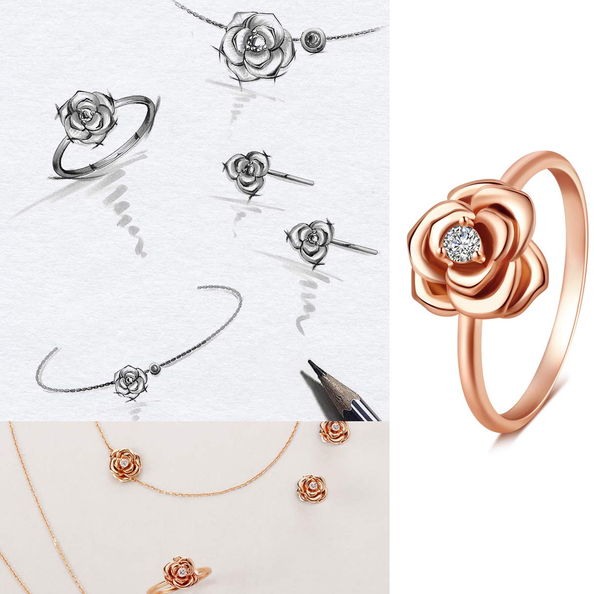 14K Solid Rose Gold Small Rose Flower Ring with 0.05ct Diamond - Dainty Delicate Statement Jewelry for Women - Perfect Friendship Gift, Anniversary Present & Everyday Elegance