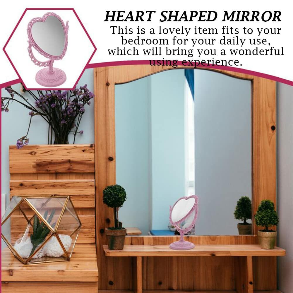 1 Pack Heart Shaped Cosmetic Mirror - Double Sided Pink Plastic Makeup Mirror with Stand, Portable Travel Vanity Mirror for Home, Bathroom, Dorm & Purse (Cute Gift for Women & Girls)