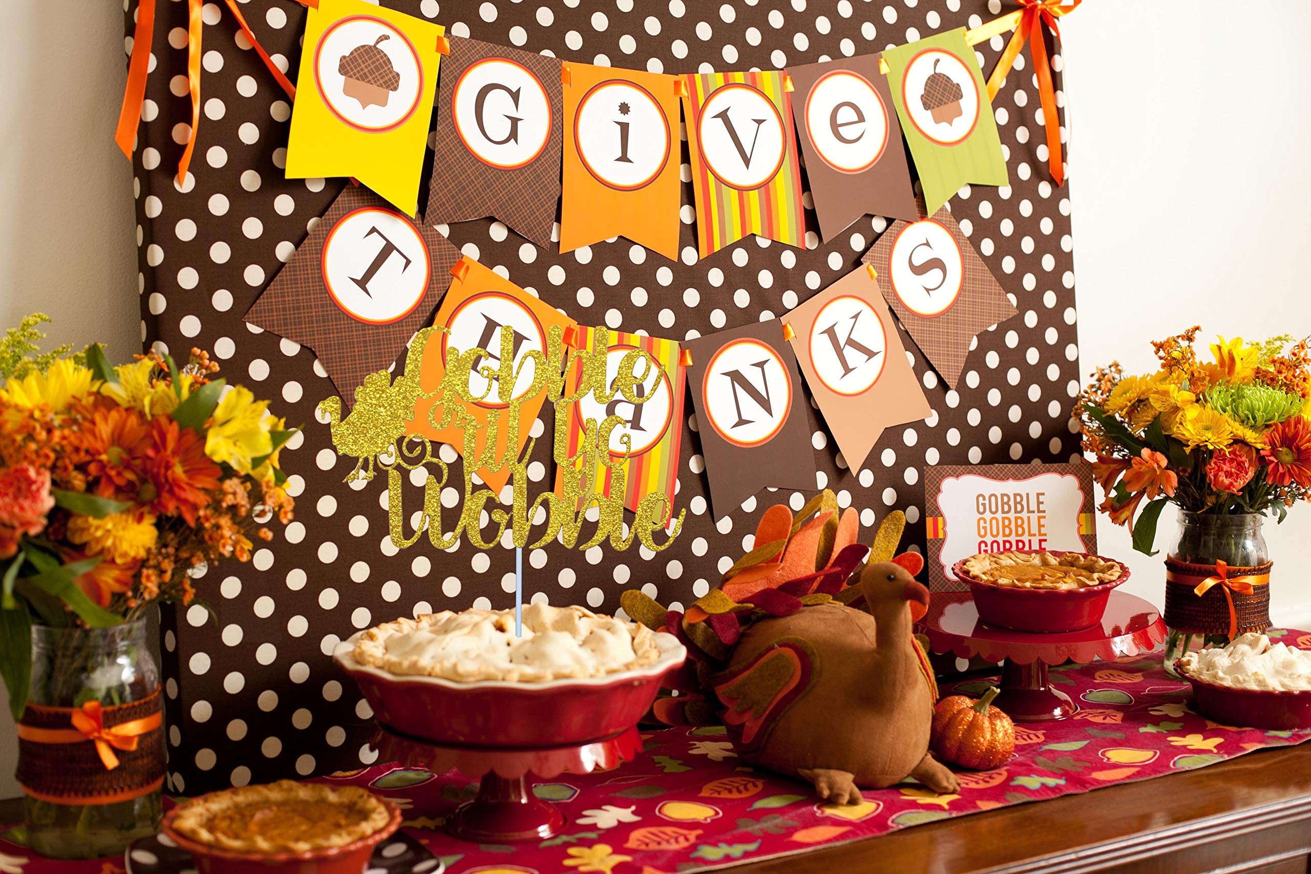Gold Glitter Gobble Til You Wobble Cake Topper - Thanksgiving & Friendsgiving Party Decor - Shimmering Cake Decoration for Holiday Desserts & Festive Celebrations