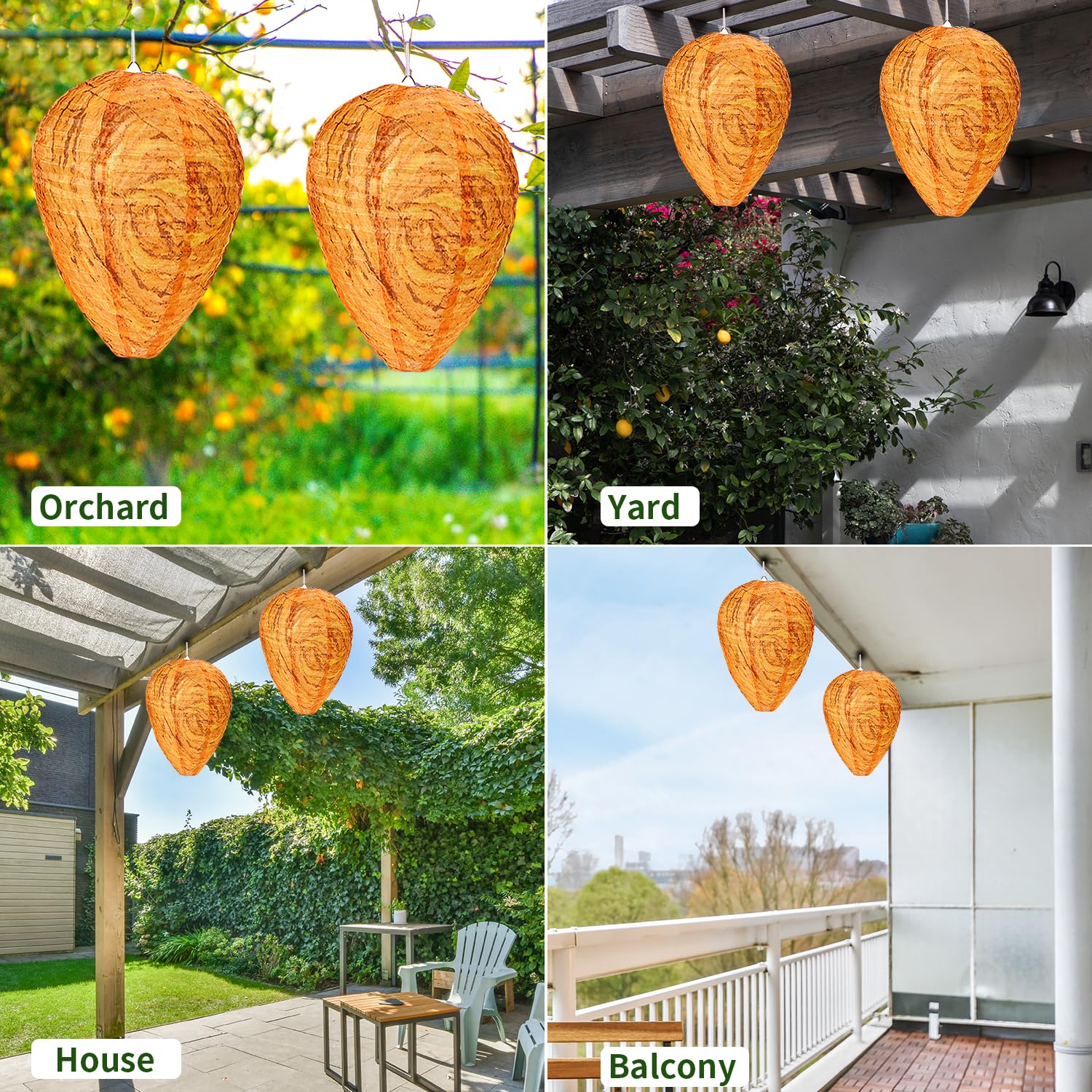 4 Pack Fake Wasp Nest Decoy - Outdoor Waterproof Wasp Deterrent - Hanging Hornet Nest Replica for Patio, Backyard, Garden - Natural Wasp Repellent for Home & Outdoor Areas (Orange) - Perfect for BBQ Parties, Camping and Outdoor Dining Protection