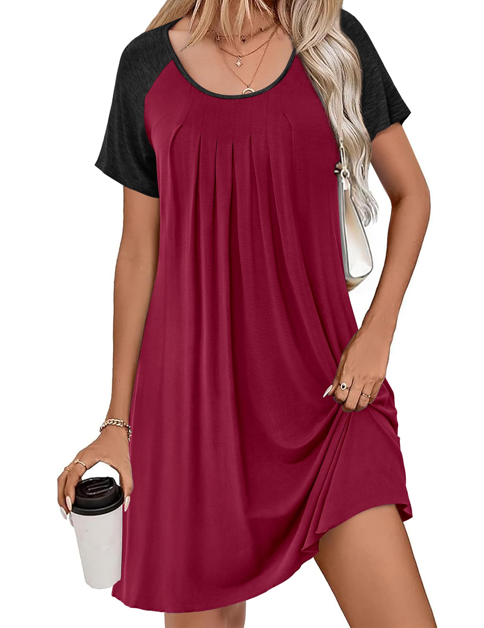 Ekouaer Women's Short Sleeve Sleep Shirt Nightgown - Soft Loose Fit Pleated Night Dress Sleepwear Sizes S-3XL - Perfect for Comfortable Sleep, Lounging at Home & Summer Nights