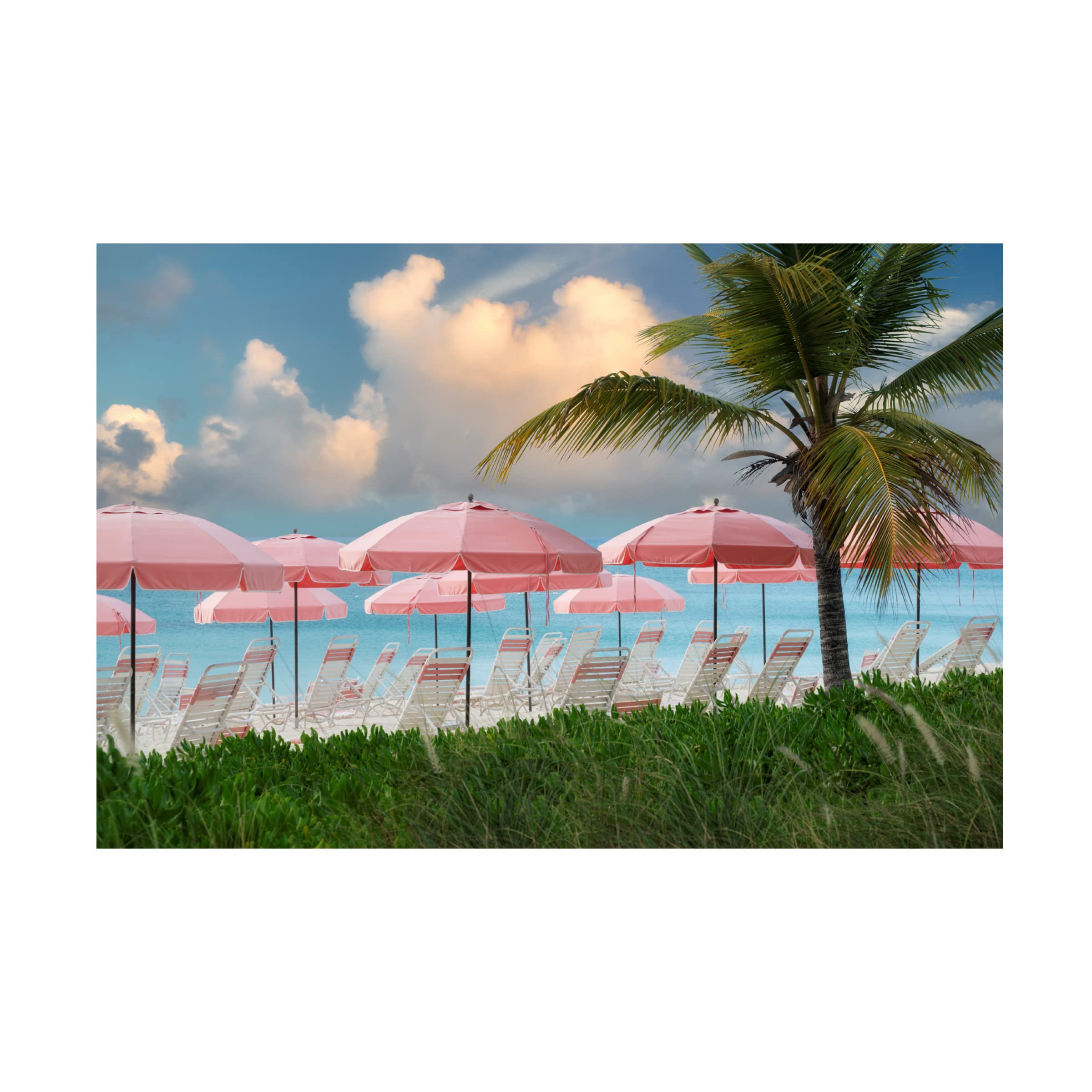 Pink Beach Umbrellas Canvas Wall Art Print by Dennis Frates - Coastal Decor for Living Room, Bedroom & Office - Vibrant Seascape Painting for Beach House & Vacation Home Decor