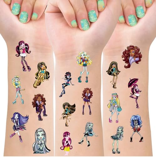 8 Sheets Monster High Temporary Tattoos for Kids - Waterproof Fake Tattoo Stickers for Girls & Boys Birthday Party Favors, Halloween Costume Accessories & School Event Supplies