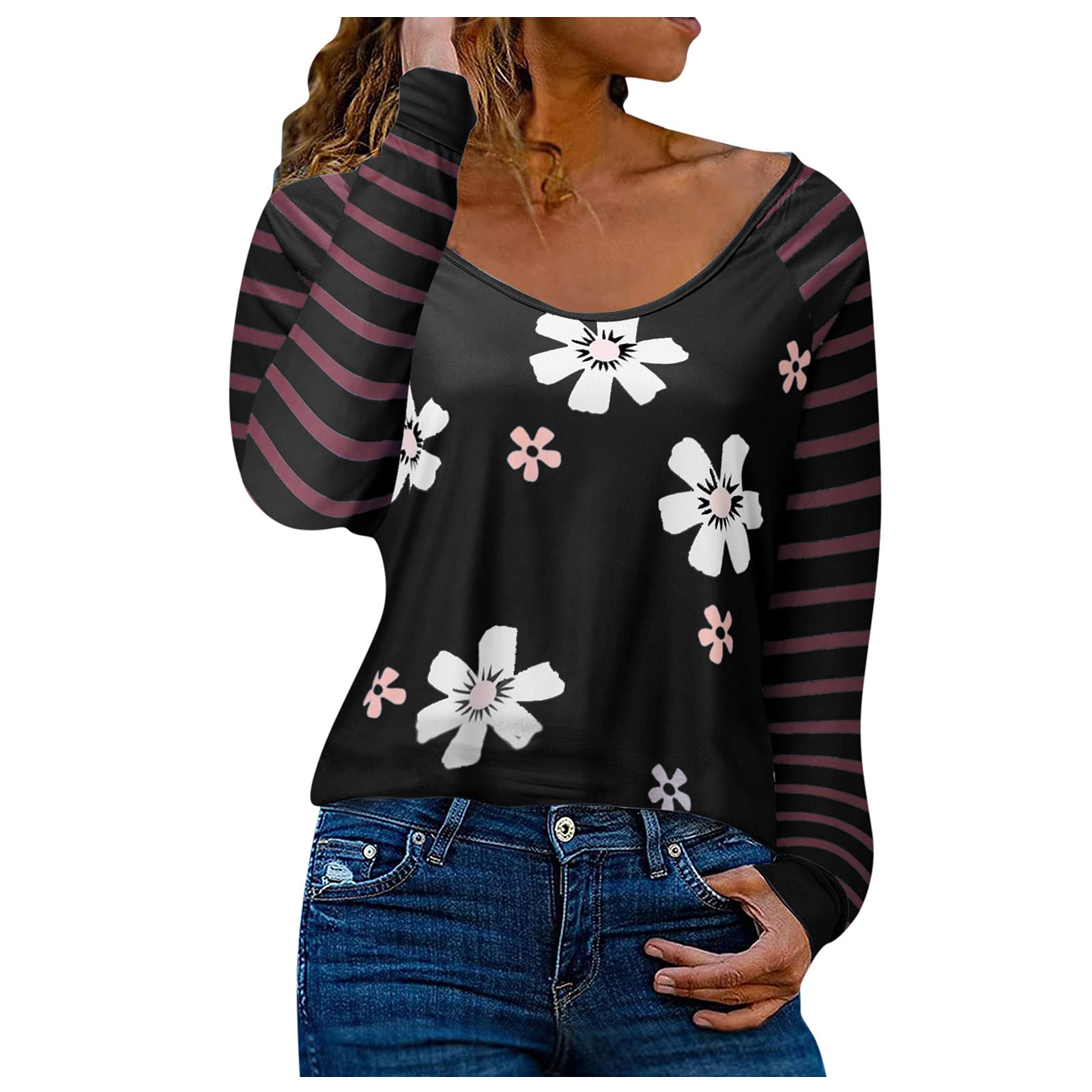 HDgTSA Women's Casual V-Neck Long Sleeve Shirts - Striped Sheer Mesh Patchwork Blouses for Work, Party & Everyday Wear | Comfortable Fashion Tops
