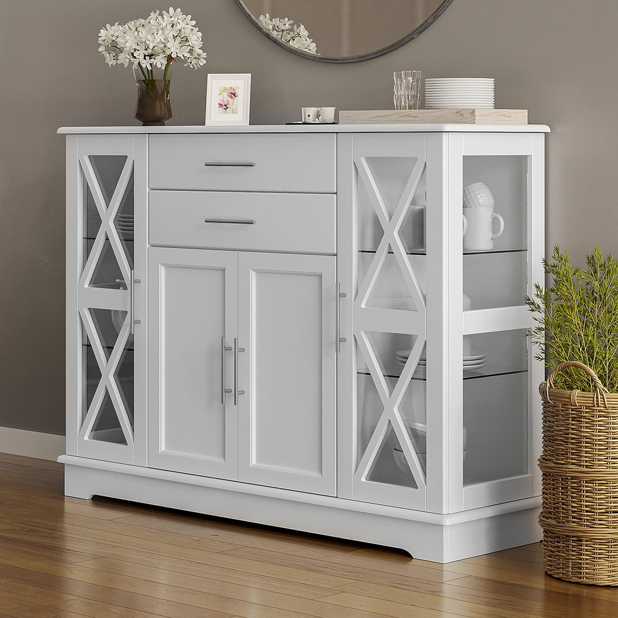 BELLEZE 47 Inch White Sideboard Buffet Cabinet - Storage Console Table, Coffee Bar, Kitchen Cupboard & Pantry Organizer with Glass Display Doors - Perfect for Living Room, Entryway & Dining Room Decor