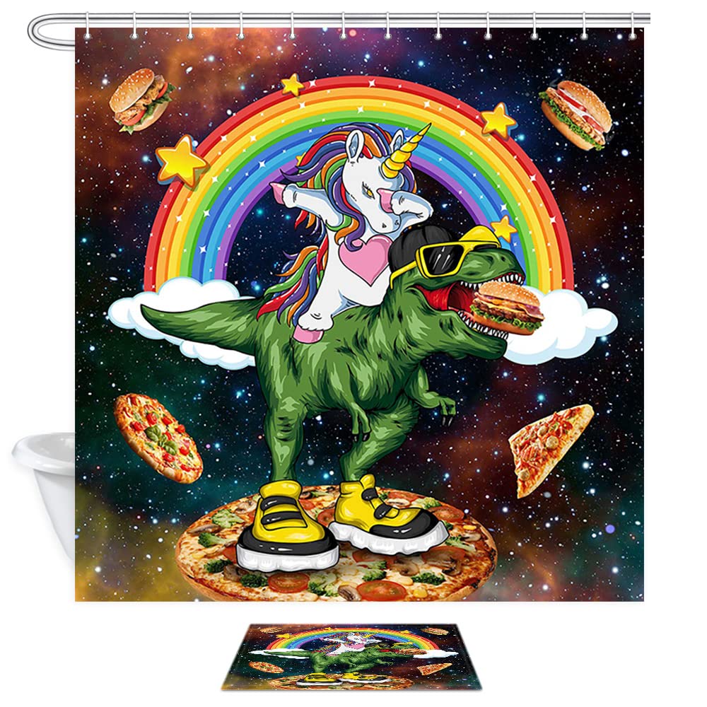 Non-Slip Unicorn Shower Curtain Set for Kids - Memory Foam Bath Mat, Funny Cartoon Rainbow Bathroom Decor with Hooks (69x70 Inches) - Perfect for Boys & Girls Bathroom, Nursery, and Kids' Restroom Accessories