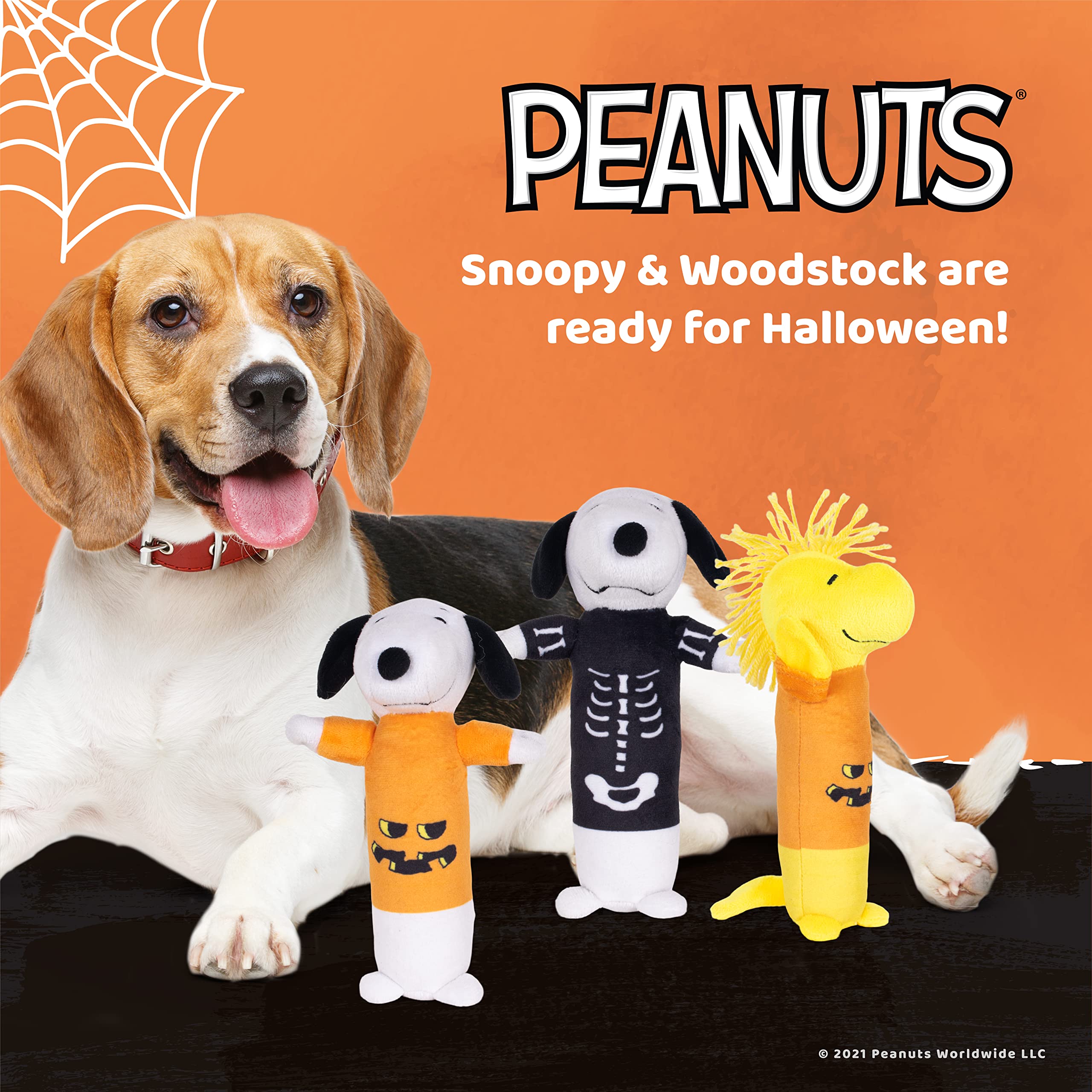 9 Inch 3 Pack Halloween Dog Toys - Snoopy Pumpkin, Woodstock Pumpkin & Snoopy Skeleton Plush Chew Toys | Officially Licensed Peanuts Collection | Durable Squeaky Dog Toys for Halloween Parties & Playtime