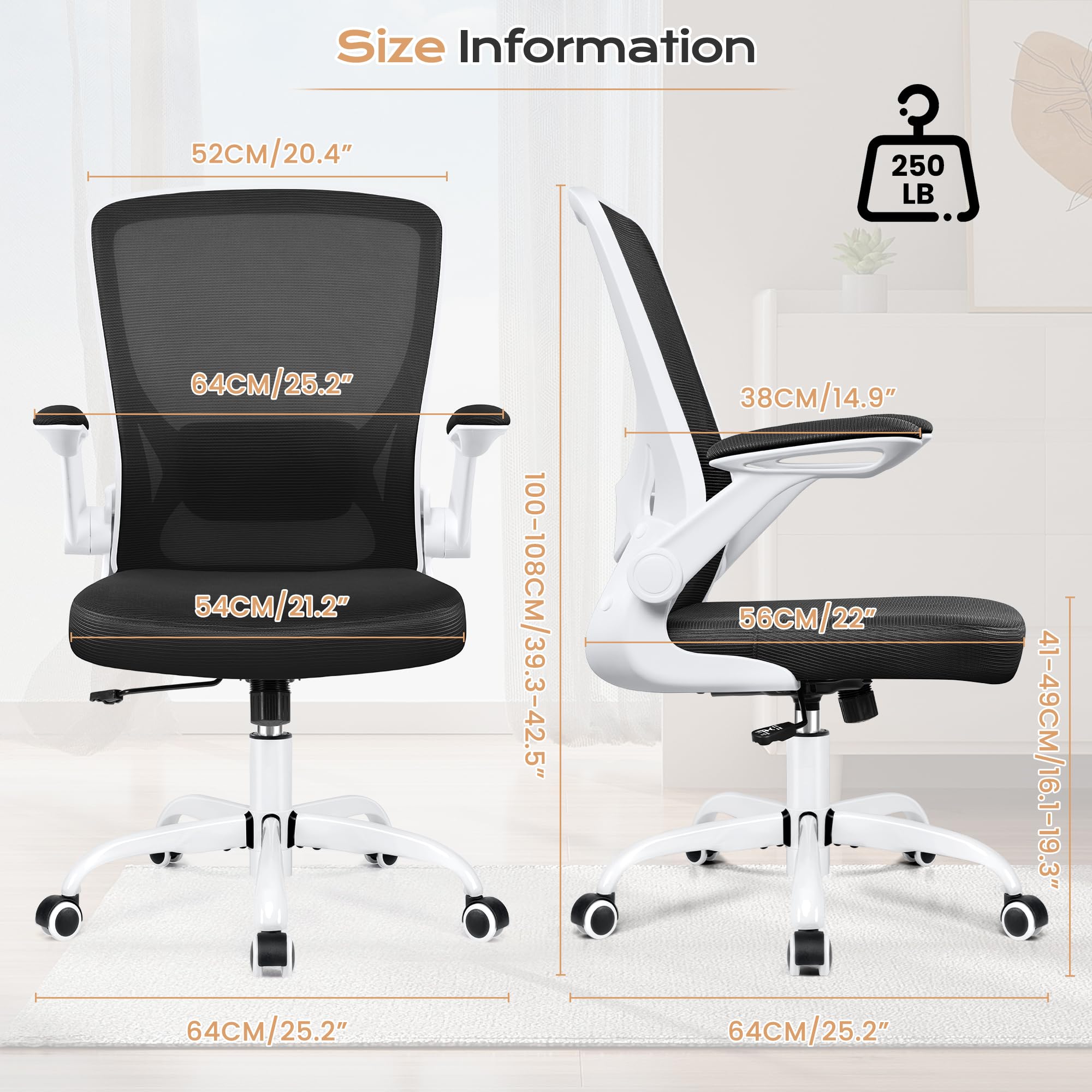KERDOM Ergonomic Office Chair - Breathable Mesh Computer Desk Chair with Lumbar Support, Wheels & Flip-Up Arms - Adjustable Height Swivel Task Chair for Home Office & Gaming (White) - Perfect for Long Work Sessions, Online Classes & PC Gaming