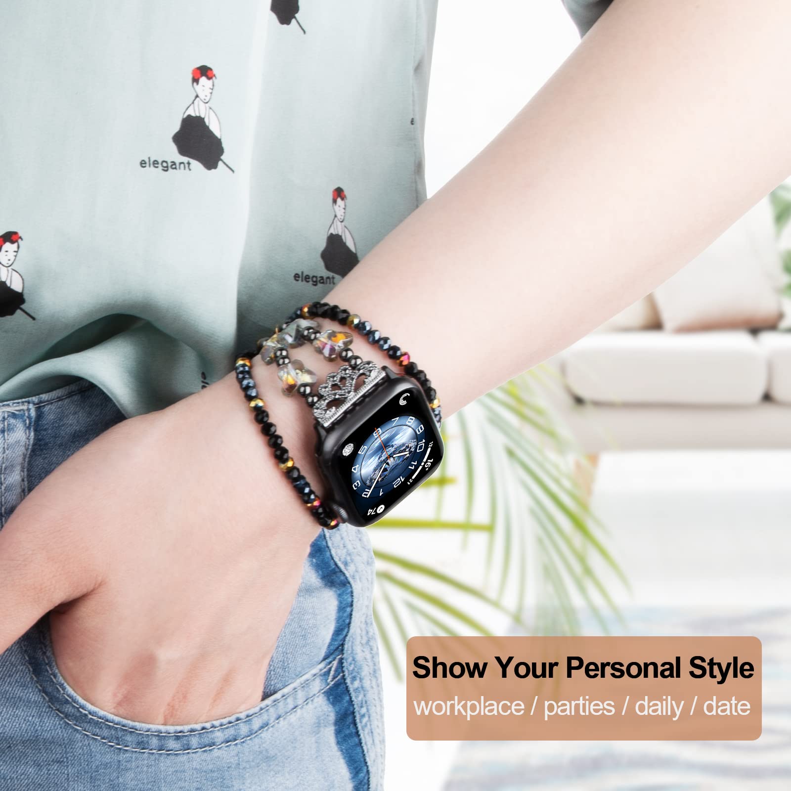 TOMAZON Butterfly Beaded Charm Bracelet Band for Apple Watch Series 9/8/7/SE/6/5/4 (38mm/40mm/41mm) - Slim Crystal Wristband for Women, Handmade Bling Accessory - Perfect for Parties, Weddings & Everyday Wear