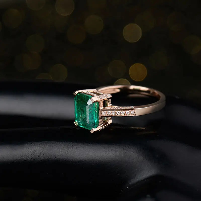 18K Rose Gold 2.1 Carat Emerald and Diamond Engagement Ring for Women - Elegant Wedding Proposal, Anniversary Gift, Bridal Jewelry