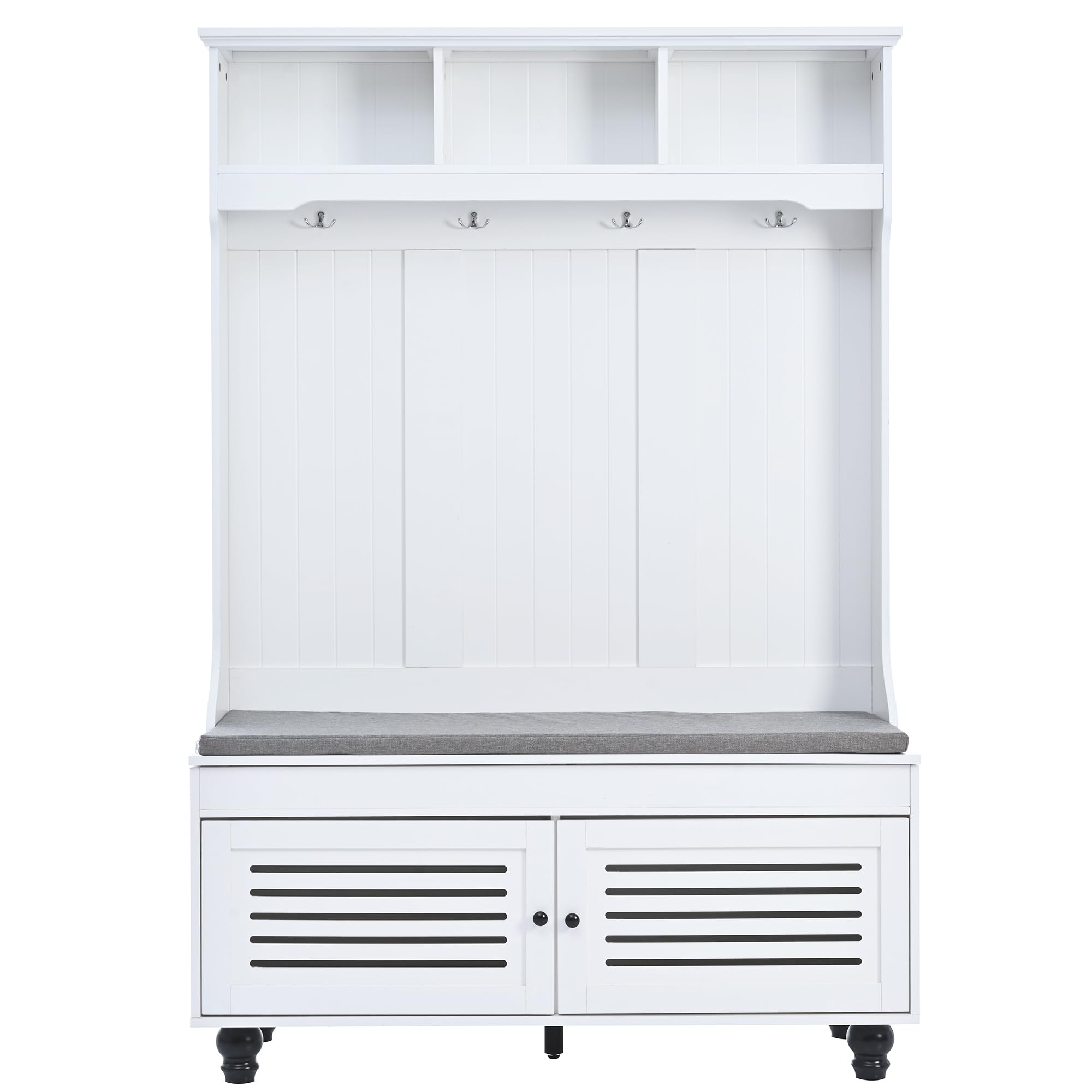 P PURLOVE Hall Tree with Bench & Shoe Storage - Entryway Organizer with 4 Hooks, Open Shelf & Shutter Doors - Coat Rack & Mudroom Furniture for Hallway, Foyer & Home Entry (Perfect for Small Spaces & Apartment Living)