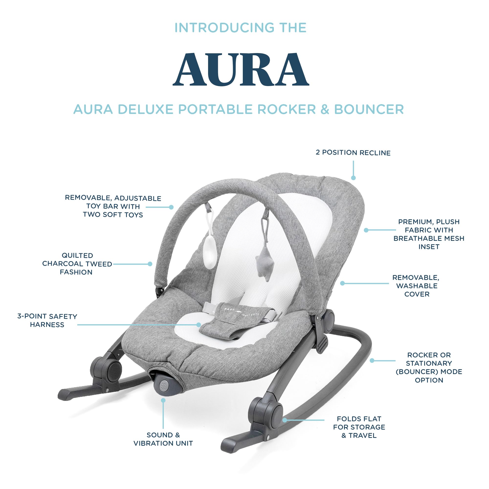 Baby Delight Aura Deluxe Portable Baby Bouncer - Infant Rocker Seat with Quilted Charcoal Tweed Fabric | Lightweight & Foldable for Travel | Perfect for Nursery, Living Room & Outdoor Use