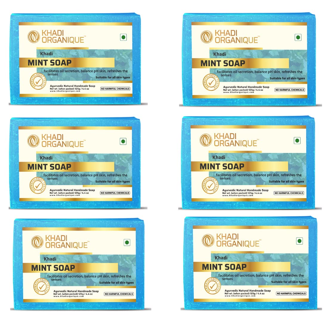Khadi Organique Natural Herbal Pure Mint Soap - Pack of 6 Bars | Refreshing & Antibacterial Face & Body Cleanser for Sensitive Skin | Perfect for Daily Use, Travel & Spa Days