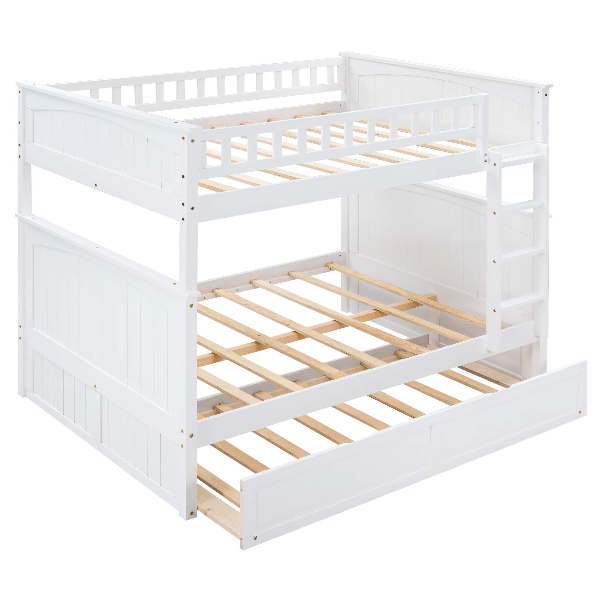 JULYFOX White Full Over Full Bunk Bed Frame with Twin Trundle - Solid Hardwood Platform Bed with Ladder, No Box Spring Needed - Space Saving Bunk Bed for Kids, Teens & Small Rooms - Perfect for Dormitories, Guest Rooms & Vacation Homes