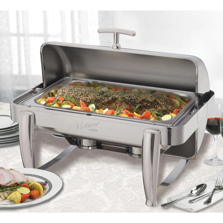 Winco Virtuoso 8 Qt Stainless Steel Rectangle Chafing Dish with Roll Top Lid - Perfect for Buffets, Catering & Food Service (Model 101B)