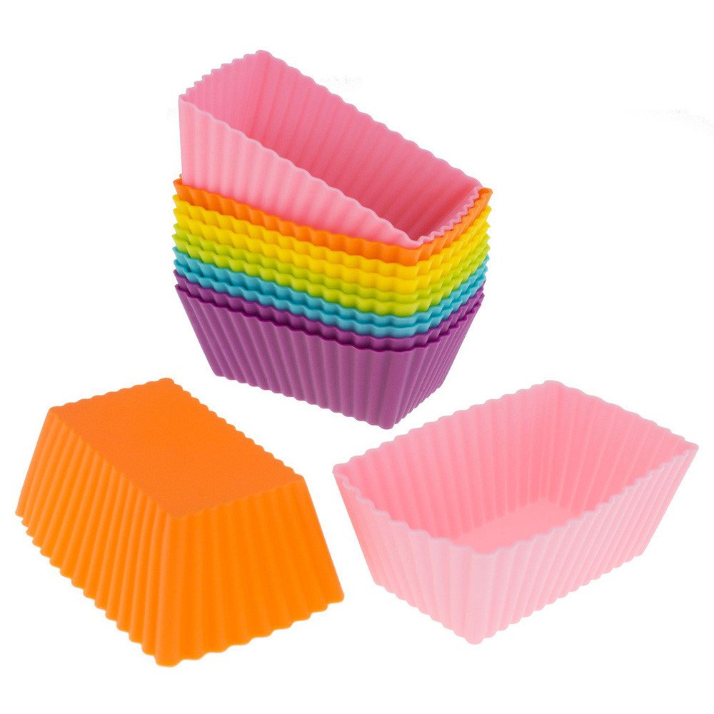 Reusable Silicone Cupcake Liners - Non-Stick Rectangular Muffin Baking Cups in Rainbow Colors | Dishwasher, Freezer & Microwave Safe | Perfect for Birthday Parties, Baking Classes & Home Dessert Making