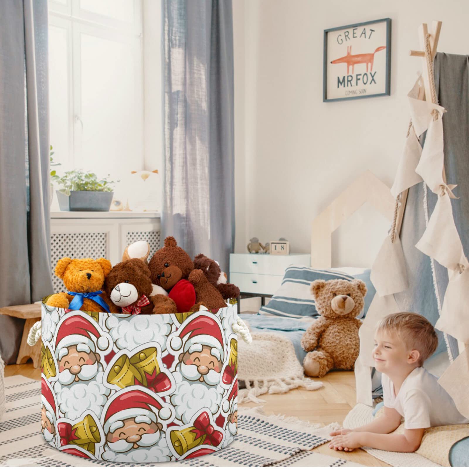 Visesunny Christmas Santa Cute Cartoon Laundry Basket - Collapsible Fabric Storage Bin for Toys, Clothes & Organizing - Perfect for Bathroom, Bedroom, Nursery, Closet & Office - Holiday Home Decor & Kids Room Storage Solution