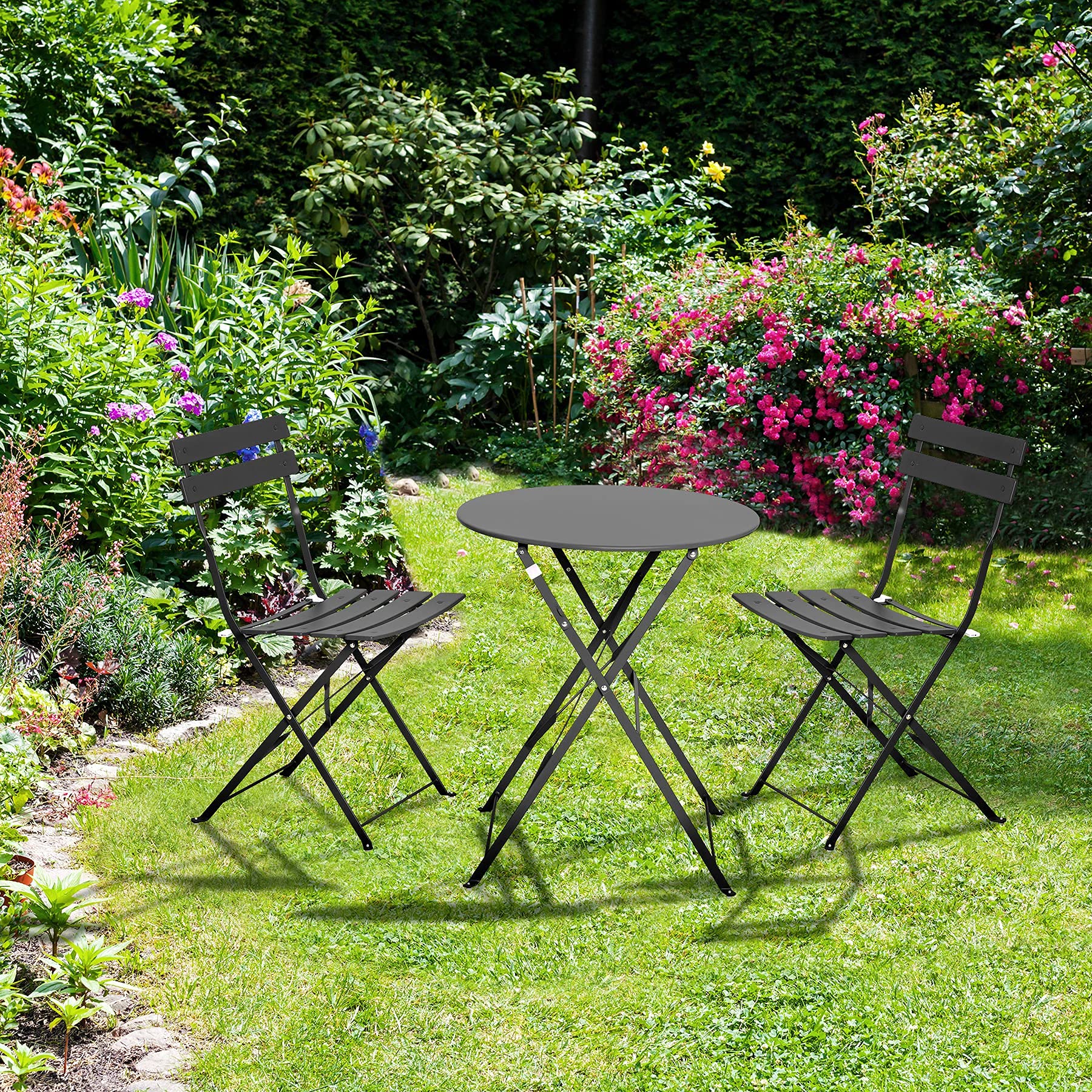 Black 3-Piece Steel Patio Bistro Set - Outdoor Folding Metal Table & 2 Chairs for Garden, Balcony, Deck or Backyard Dining