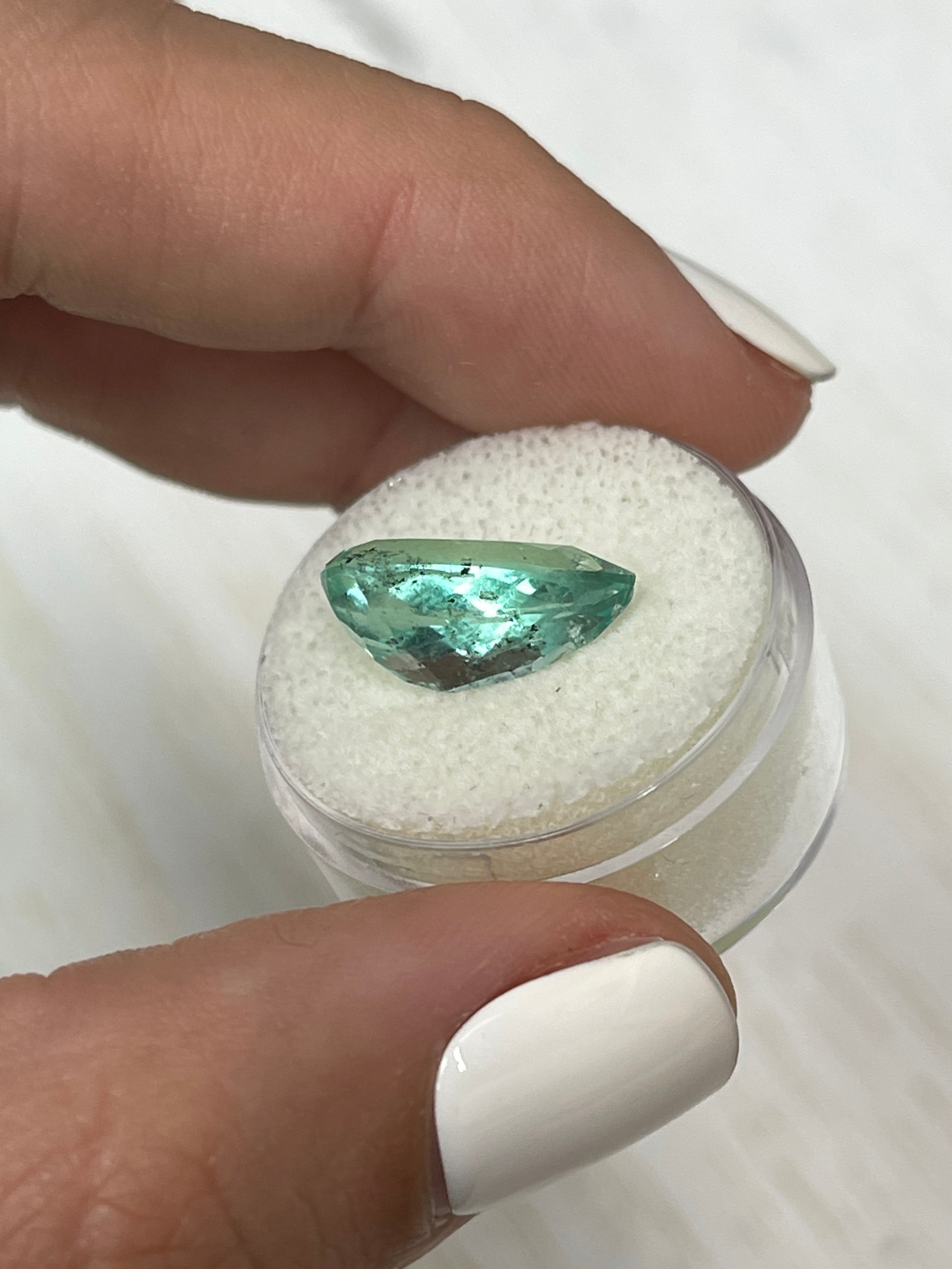 6.41 Carat 16x10mm Light Green Freckled Natural Loose Colombian Emerald Pear Cut Gemstone for Jewelry Making & Engagement Rings
