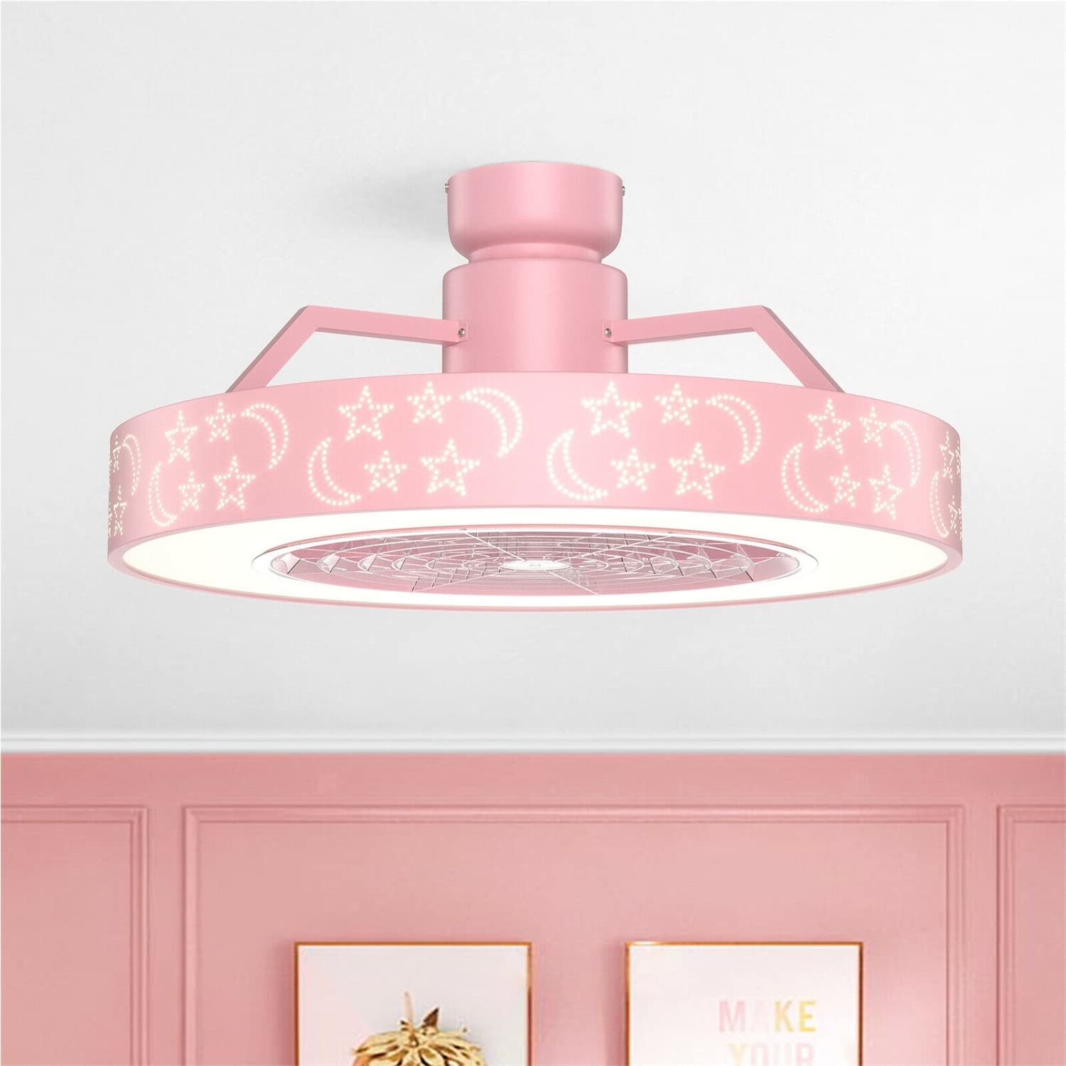 LIVIZA 23-Inch Round Ceiling Fan with LED Lights and Remote Control - 3 Speed Adjustable Quiet Fan for Living Room, Bedroom, Nursery - Perfect for Home Cooling and Decoration (Pink)