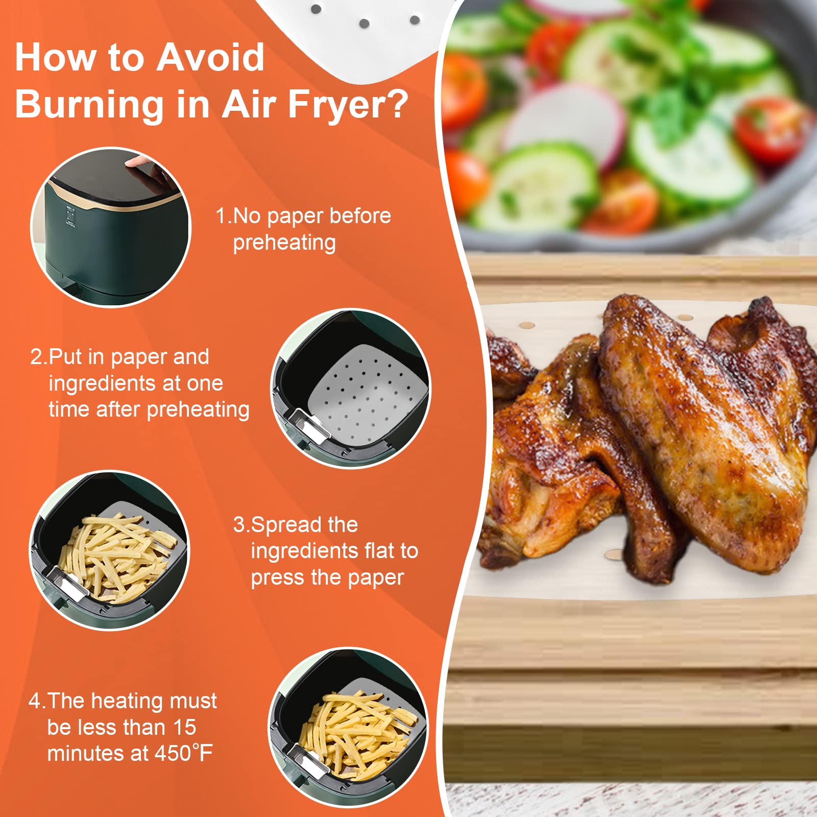 Numola 100-Pack 8 Inch Perforated Air Fryer Liners - Disposable Parchment Paper Sheets for Baking, Non-Stick Square Steamer Liners - Perfect for Air Fryers, Ovens, Microwaves & Steaming Baskets - Ideal for Healthy Cooking, Meal Prep & Quick Cleanup