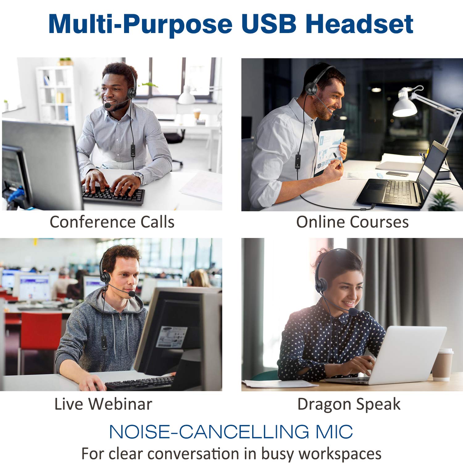 Noise Cancelling USB Headset with Microphone for PC - Wideband Business Headphones with Audio Controls for Skype/Lync/Call Centers (Ultra Comfortable & Lightweight) - Perfect for Office, Remote Work & Online Meetings
