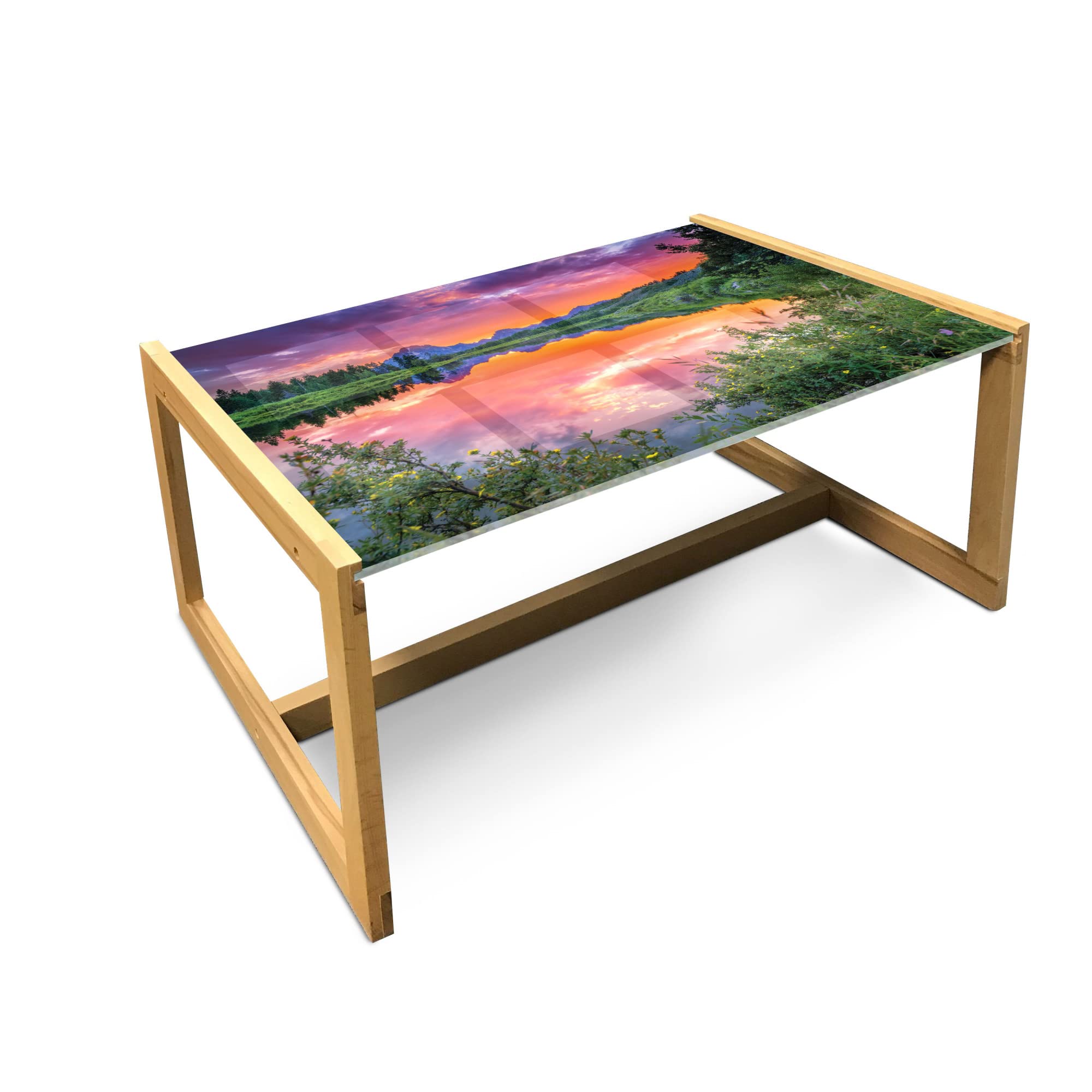 Ambesonne Mountain Coffee Table - Wooden Frame Acrylic Glass, Sunset Nature Design for Office & Dorm Decor