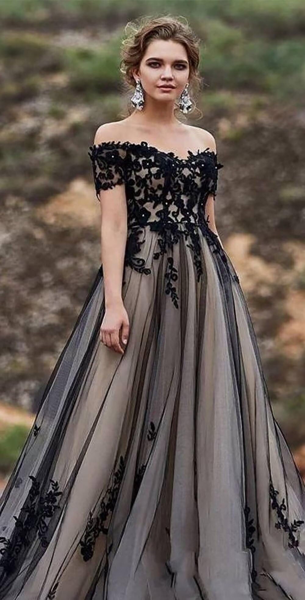 Elegant Black Off-Shoulder Gothic Lace Wedding Dress with Long Train - Perfect for Gothic, Alternative & Vampire-Themed Bridal Ceremonies & Halloween Costume Parties