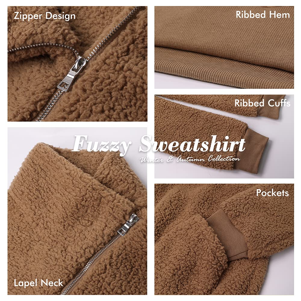 KIRUNDO Women's 2025 Winter Fleece Sherpa Pullover with Faux Shearling Lapel & Zipper - Cozy Warm Sweatshirt with Pockets for Outdoor Activities, Casual Wear & Cold Weather Fashion