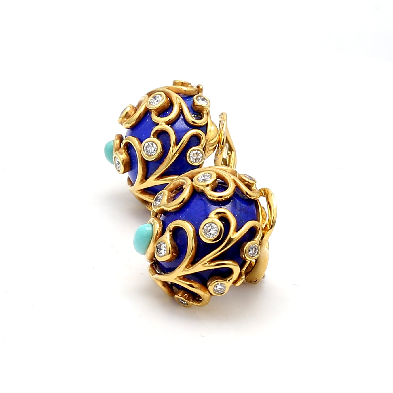 0.24 Carat Round Diamond Cabochon Lapis Lazuli 18K Yellow Gold Clip-On Earrings for Women | Luxury Handmade Jewelry Gift for Birthday, Anniversary & Special Occasions