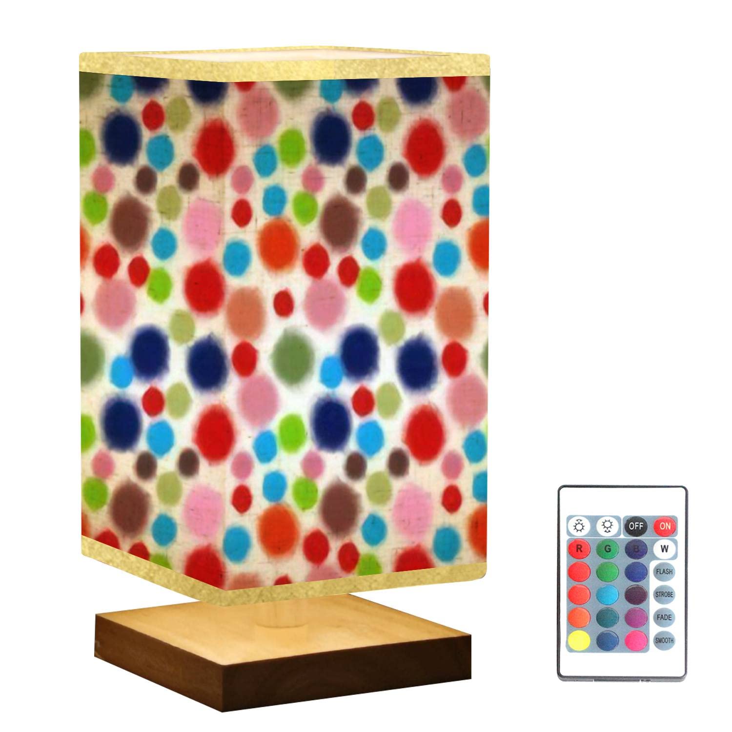 Modern Square Bedside Table Lamp with Multicolor Dot Wooden Base & Flaxen Fabric Shade - Dimmable Nightstand Lamp for Bedroom, Living Room, Office | Perfect for Reading, Relaxing & Creating Cozy Ambiance