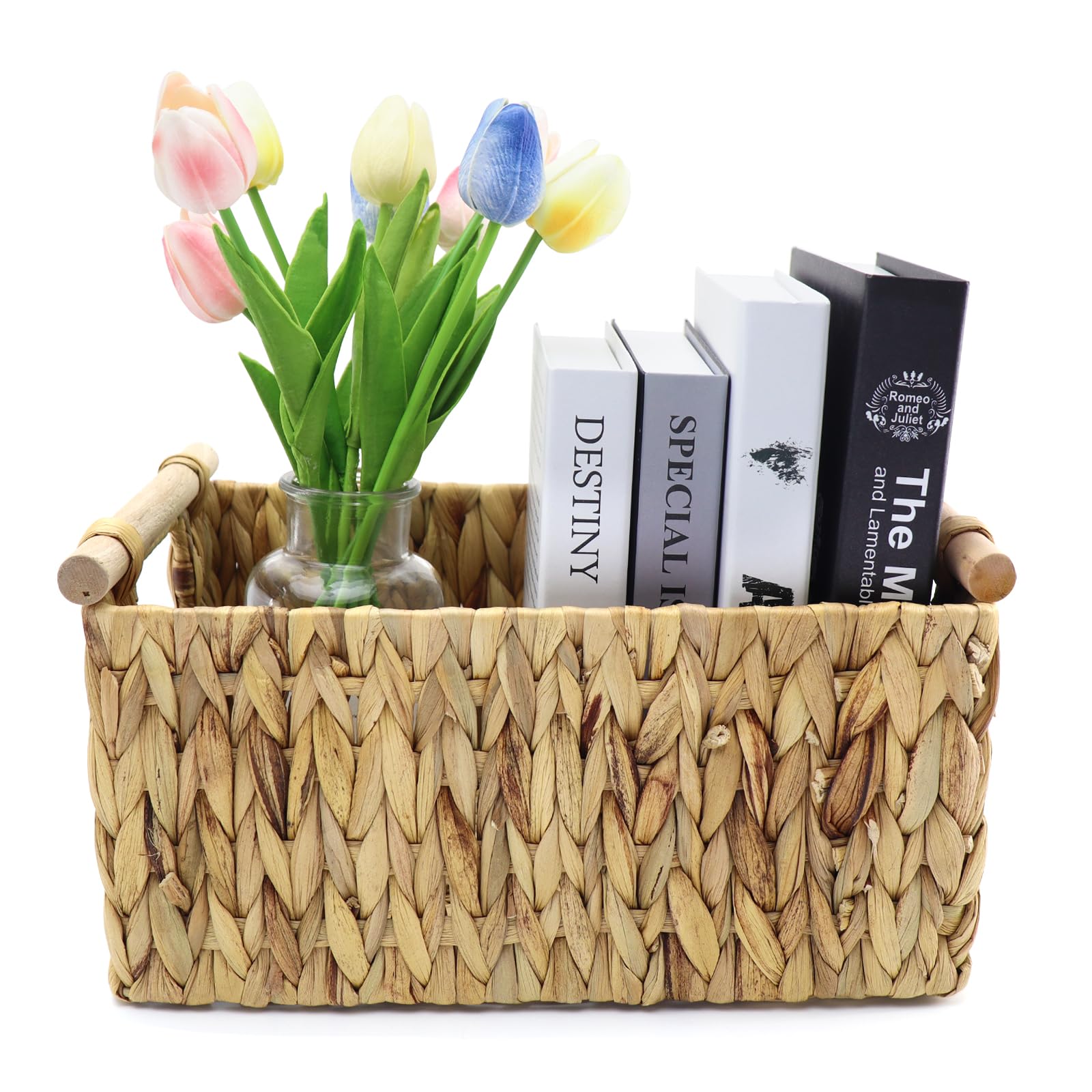 Natural Water Hyacinth Storage Basket with Handles - Large Woven Rattan Organizer for Shelves, Closet, Kitchen & Bathroom - Perfect for Home Decor, Toilet Tank Storage & Cabinet Organization