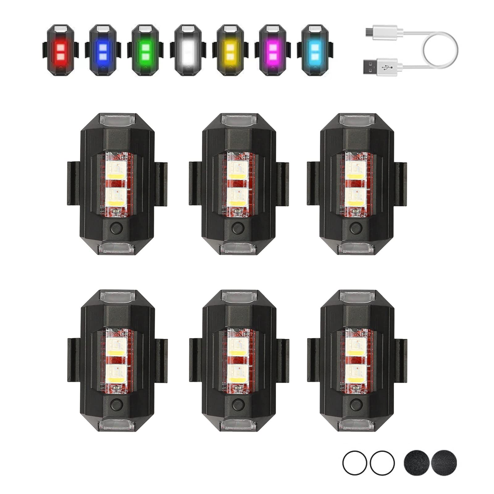 6pcs LED Strobe Drone Lights - 7 Color Night Riding Anti-Collision Motorcycle Lights, USB Rechargeable Waterproof Flashing Lights with Multiple Modes for Drones, RC Cars, Bikes & Outdoor Adventures