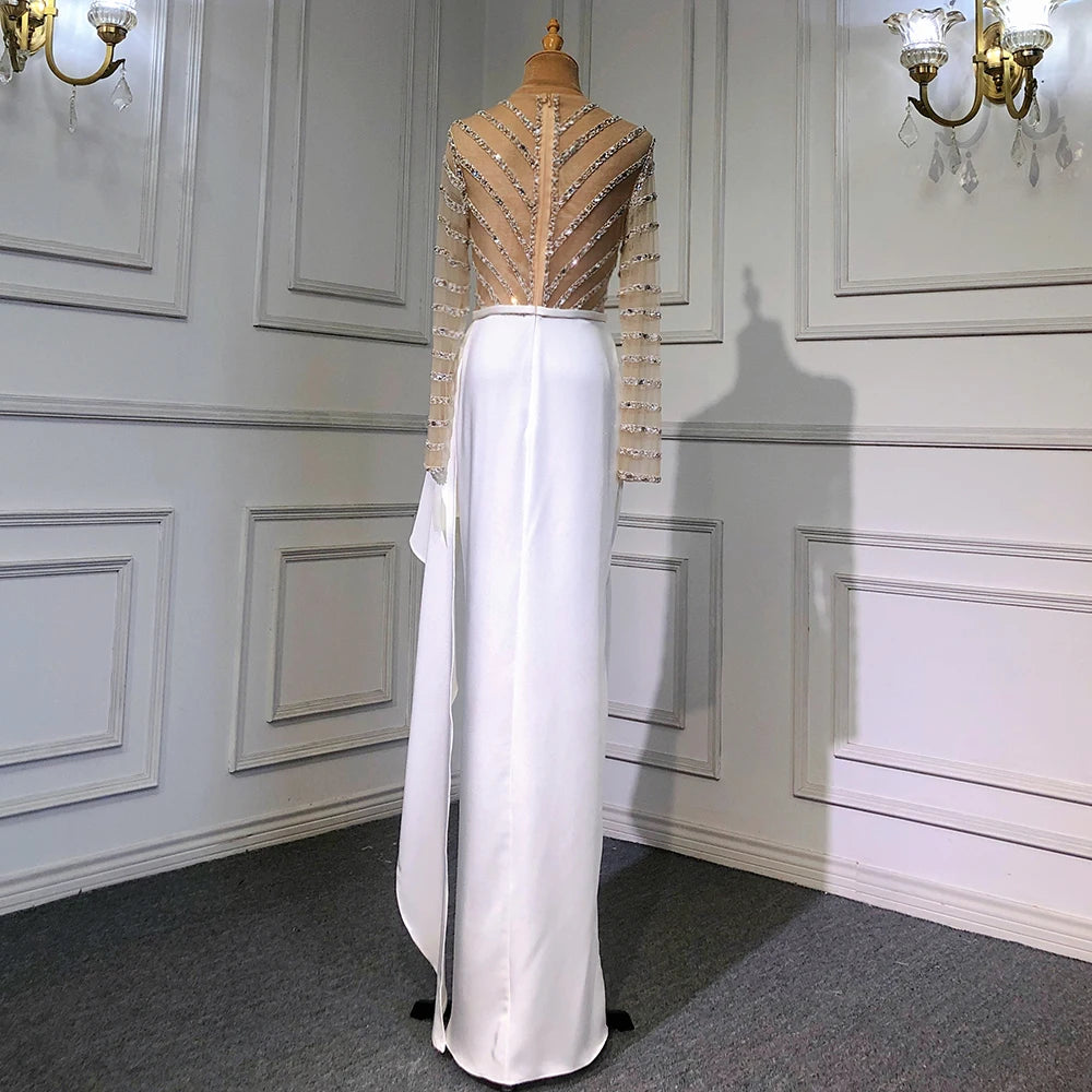 Elegant White Long Sleeve Mermaid Evening Dress with Beaded Detail - Split Hem Formal Gown for Women's Party & Special Occasions - Serene Hill LA71531 | Perfect for Weddings, Galas & Red Carpet Events