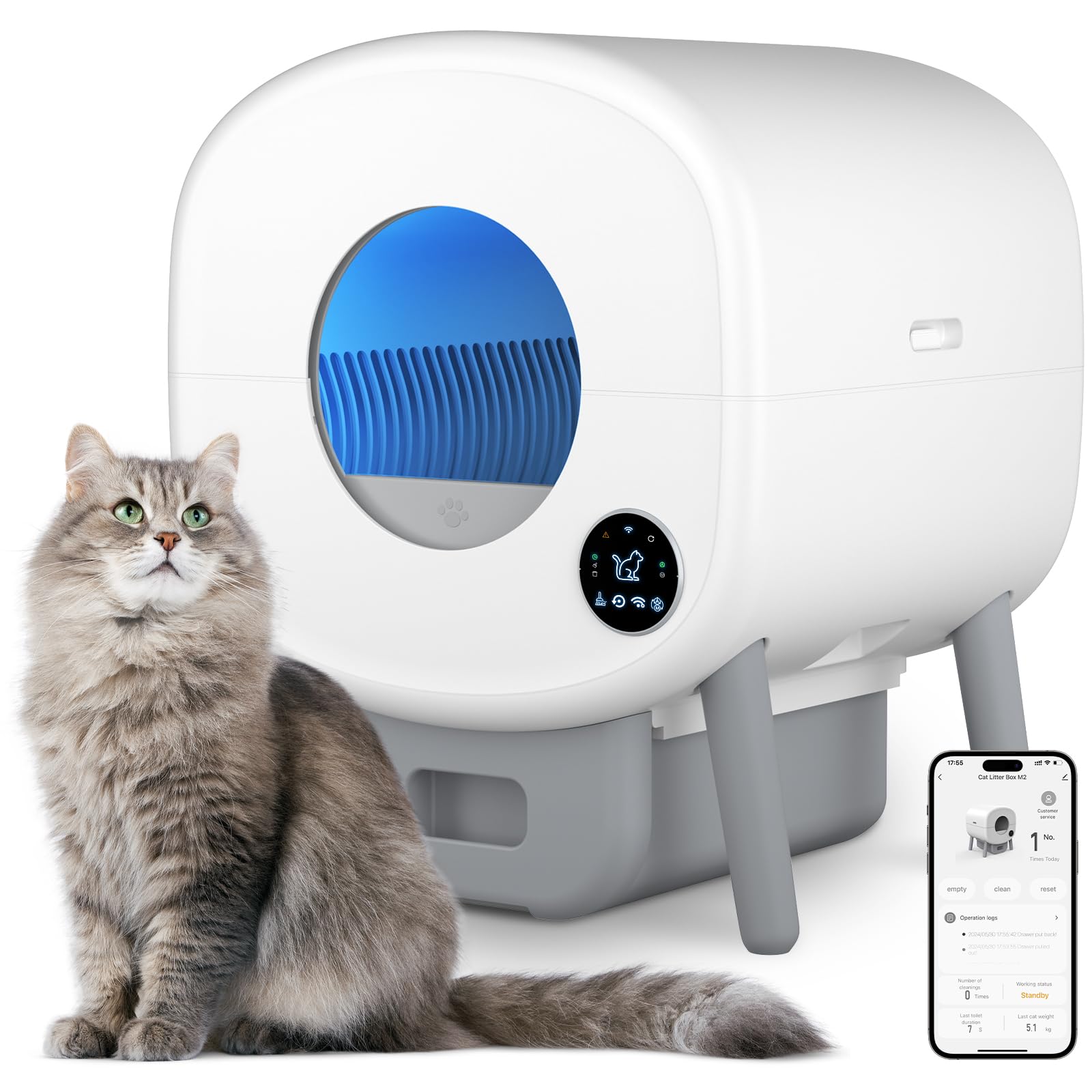 Self Cleaning Cat Litter Box - Automatic APP Controlled Large Capacity Odor-Free Litter Box for Multiple Cats with Safety Protection & 2 Free Liners - Perfect for Smart Homes & Busy Pet Owners