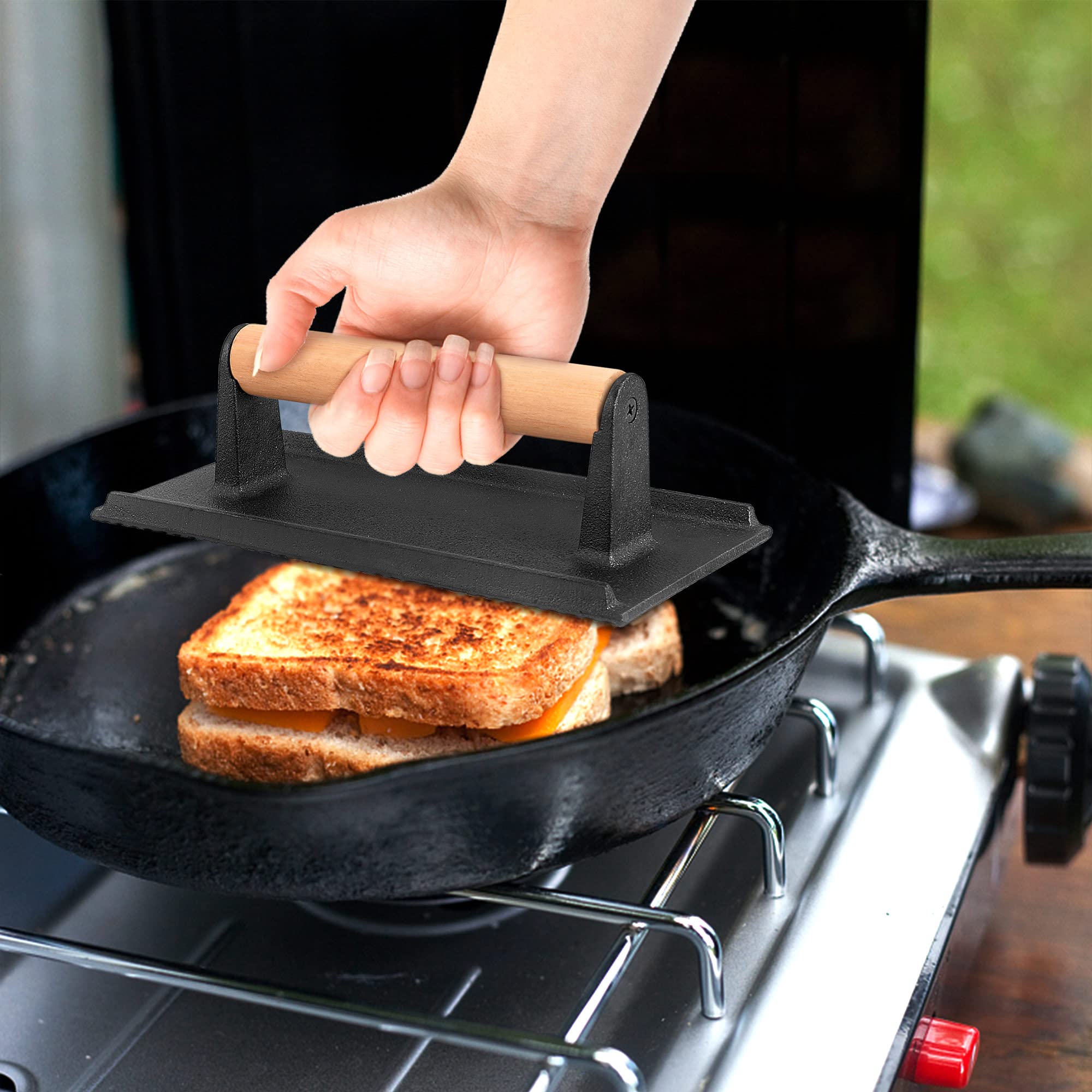Leonyo Heavy Duty Cast Iron Grill Press with Wood Handle - Pre-Seasoned Bacon Press & Burger Smasher for Griddle Cooking - Perfect for Burgers, Steak, Panini, Sandwiches (8.2