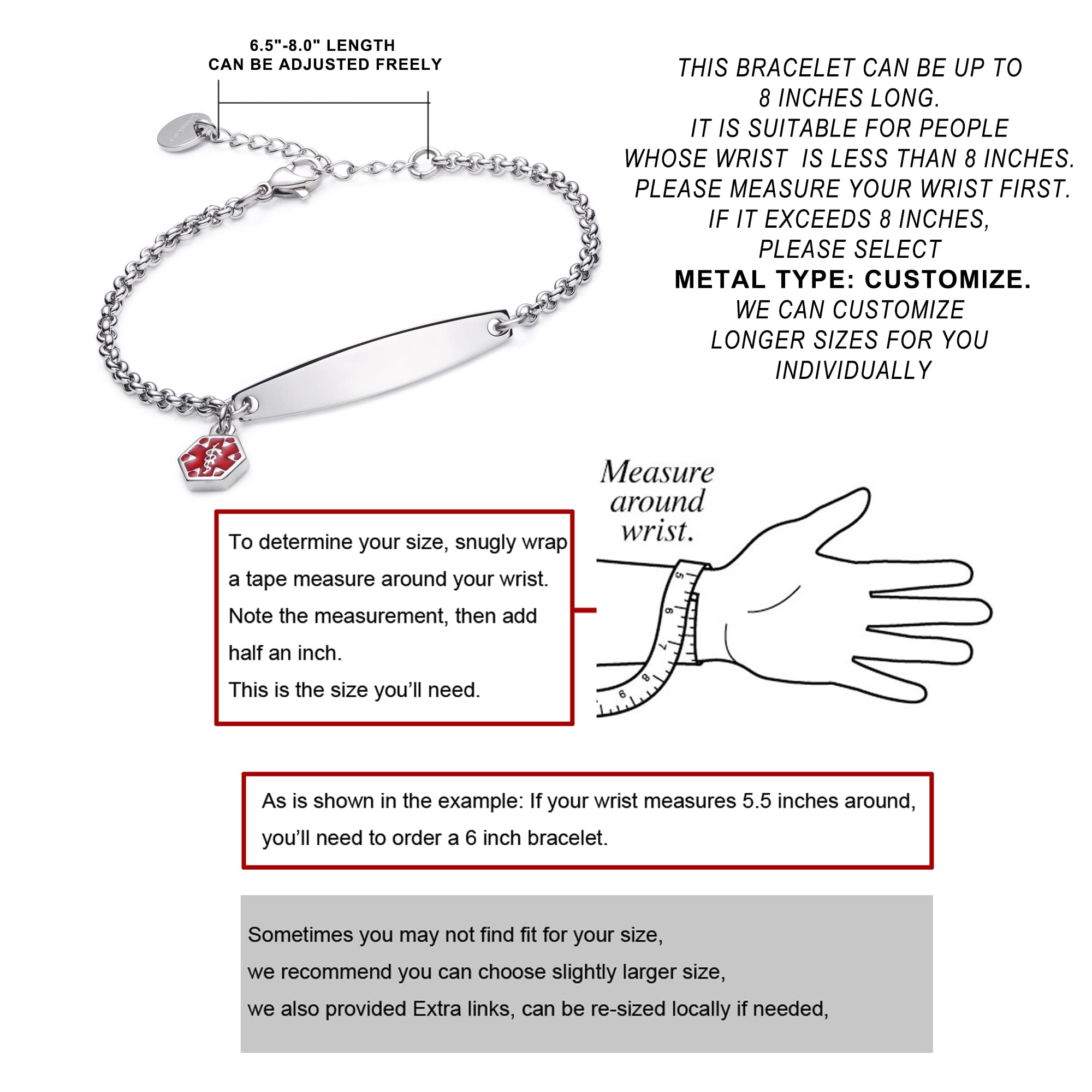 LinnaLove Pre-Engraved Simple Rolo Chain Medical Alert ID Bracelet for Women - Emergency Medical Information Jewelry for Allergies, Diabetes & Health Conditions