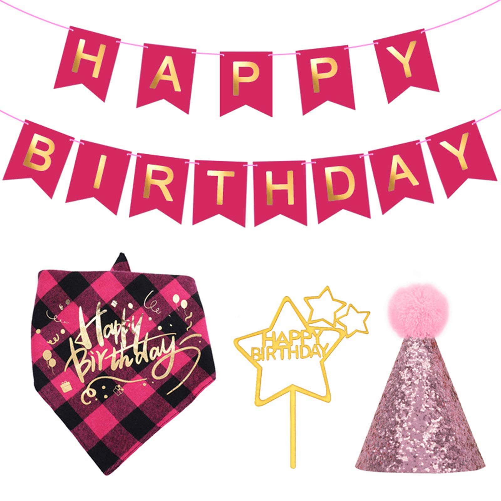 Xinapy Dog Birthday Party Supplies Kit - Pet Birthday Hat, Plaid Bandana, Happy Birthday Banner & Cake Topper Set for Puppy Birthday Decorations | Perfect for Dog Birthday Parties, Pet Celebrations & Puppy Photo Shoots
