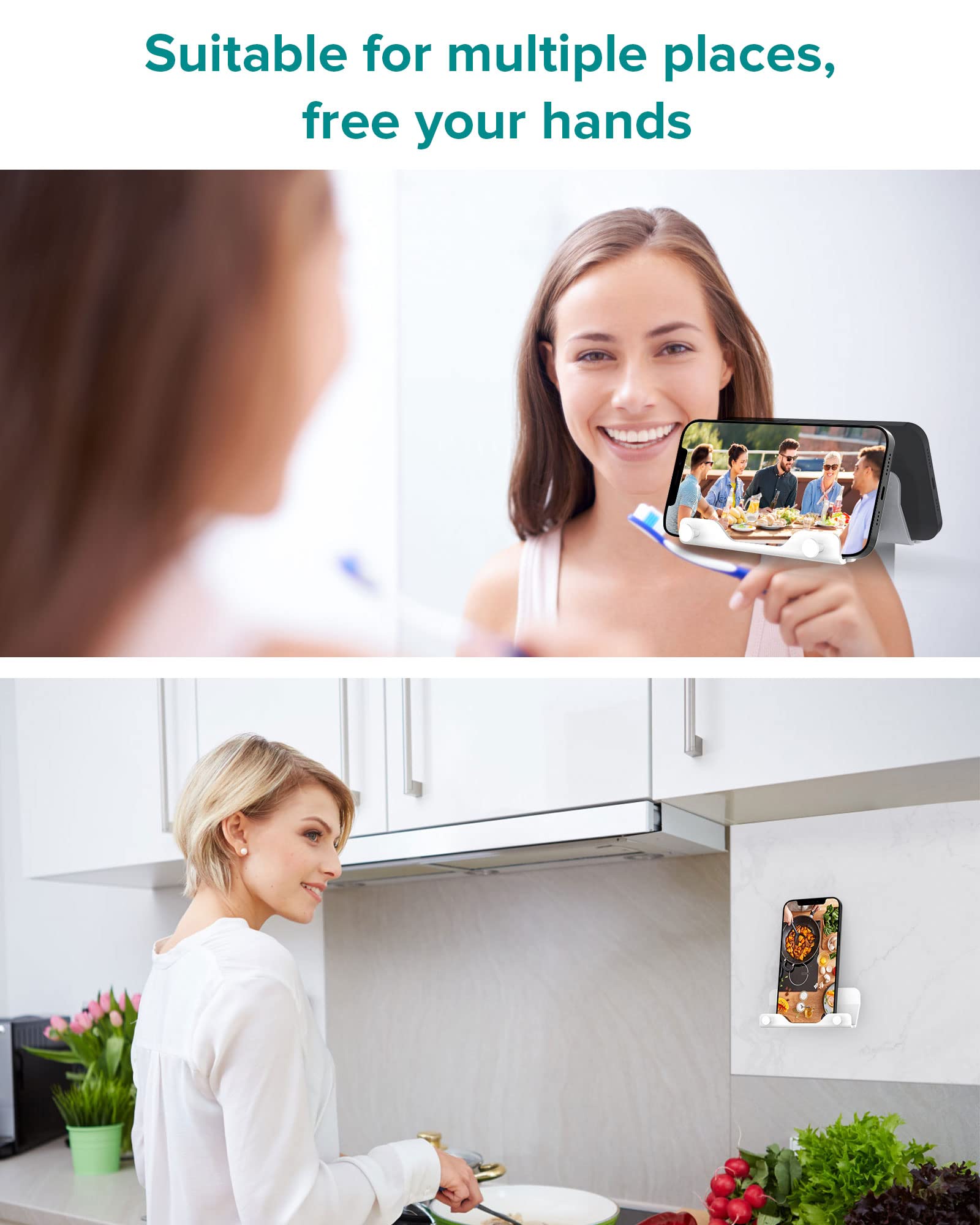 Hands Free Wall Mount Phone Holder with Adhesive Strip - Universal Compatible with All Smartphones & Mini iPads - White - Perfect for Bedroom, Living Room & Kitchen - Watch Videos, Follow Recipes & Video Chat Hands-Free