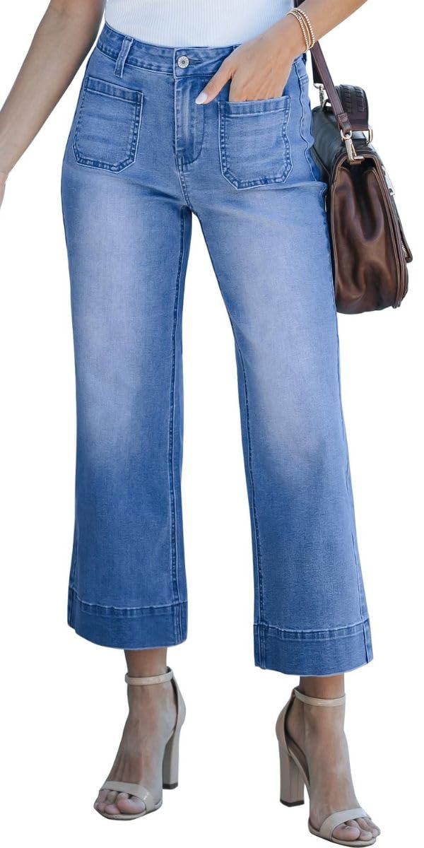 Women's High Waisted Cropped Jeans - Straight Leg Slim Fit Wide Leg Casual Denim Pants with Patch Pockets | Perfect for Spring Summer Outfits, Streetwear & Casual Wear